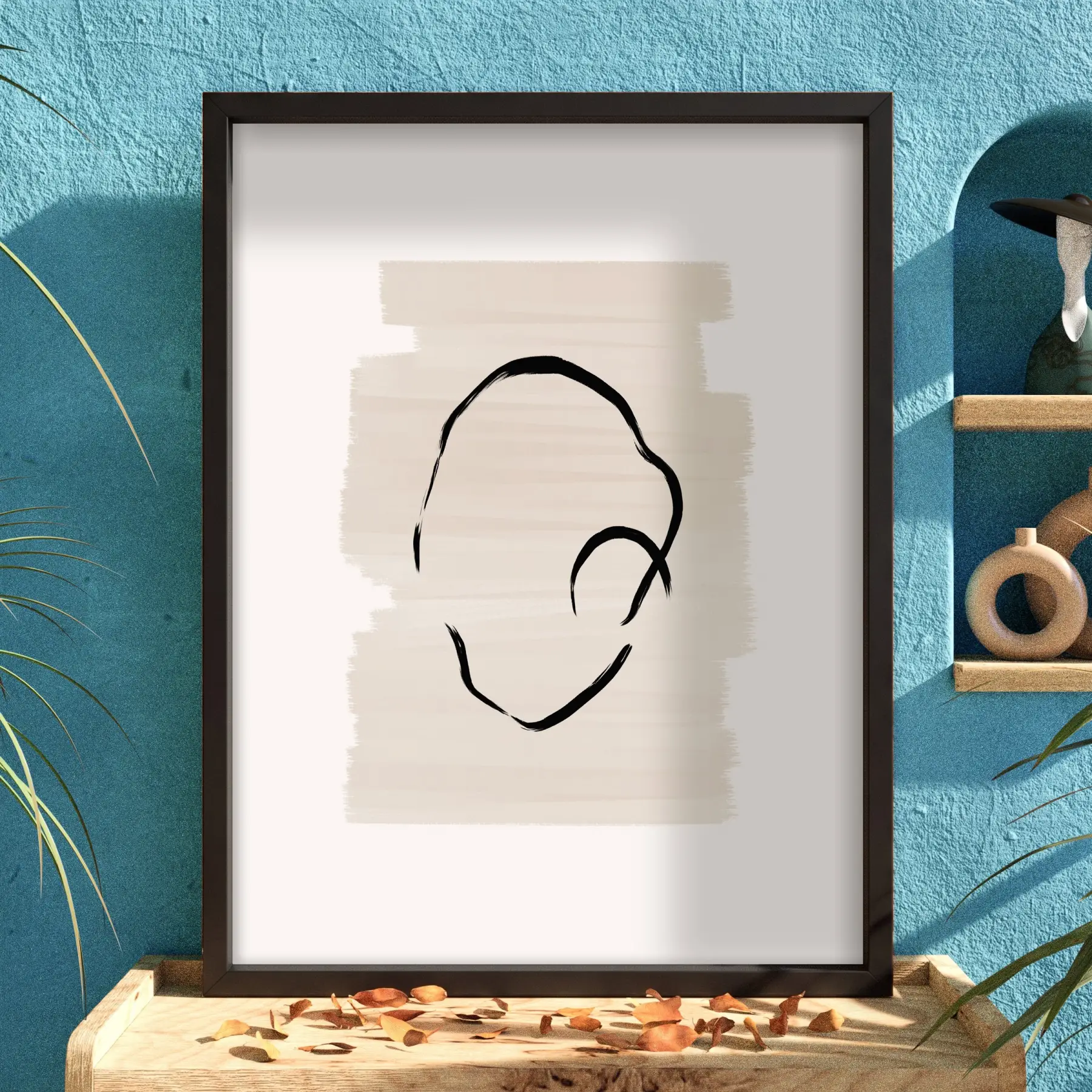 Organik Soyut Çizgi Siyah Ahşap Çerçeveli Tablo Salon Oturma Odası Duvar Dekoru Poster