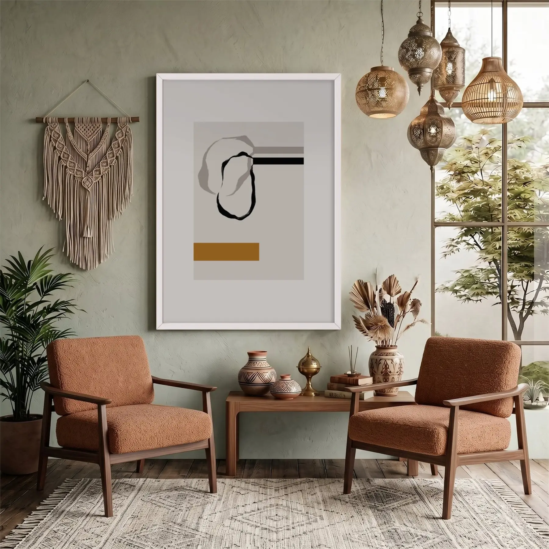 Sarı Dokunuşlu Soyut Denge Beyaz Ahşap Çerçeveli Tablo Dekorasyonu Poster Obje Ev Aksesuarları