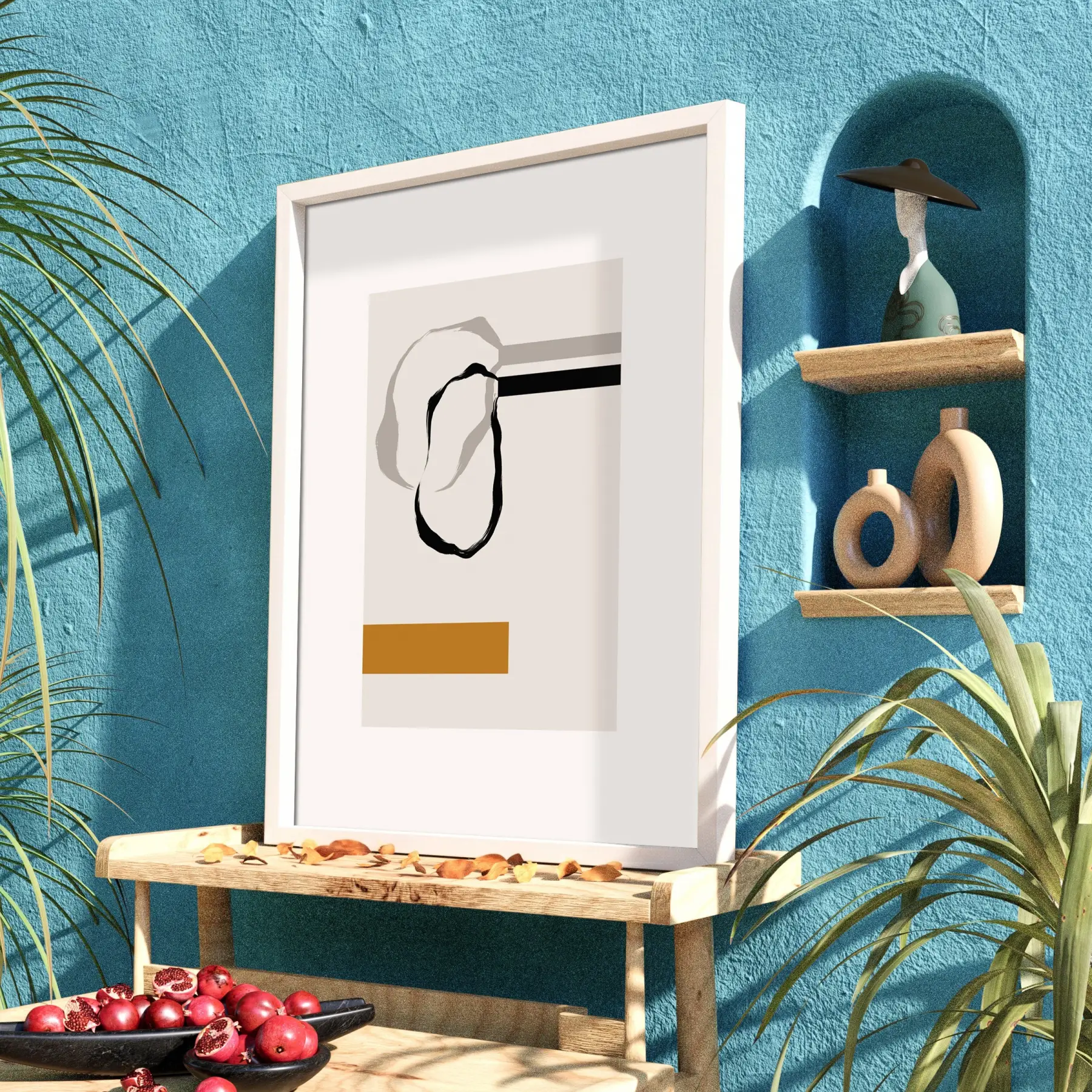 Sarı Dokunuşlu Soyut Denge Beyaz Ahşap Çerçeveli Tablo Dekorasyonu Poster Obje Ev Aksesuarları