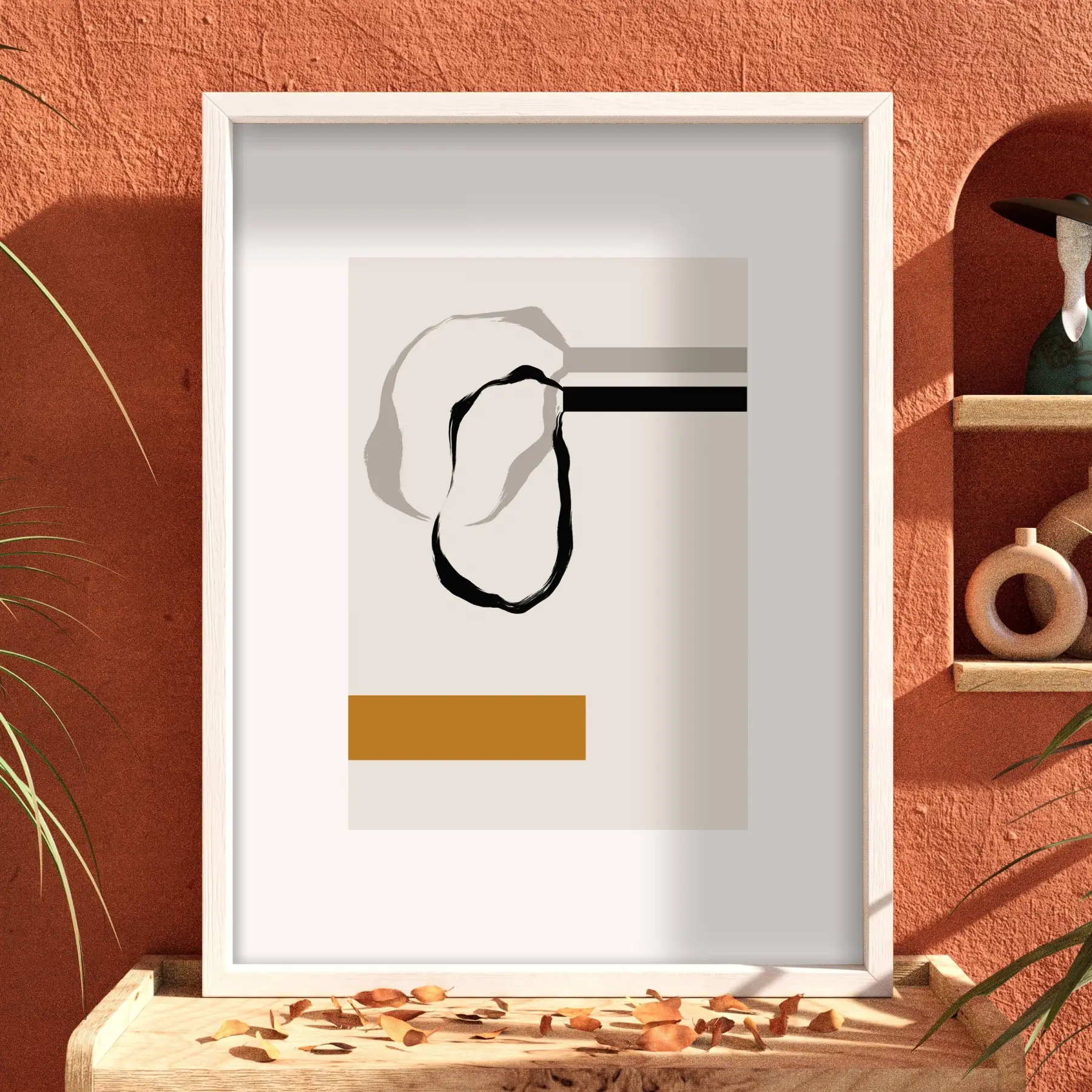 Sarı Dokunuşlu Soyut Denge Beyaz Ahşap Çerçeveli Tablo Dekorasyonu Poster Obje Ev Aksesuarları