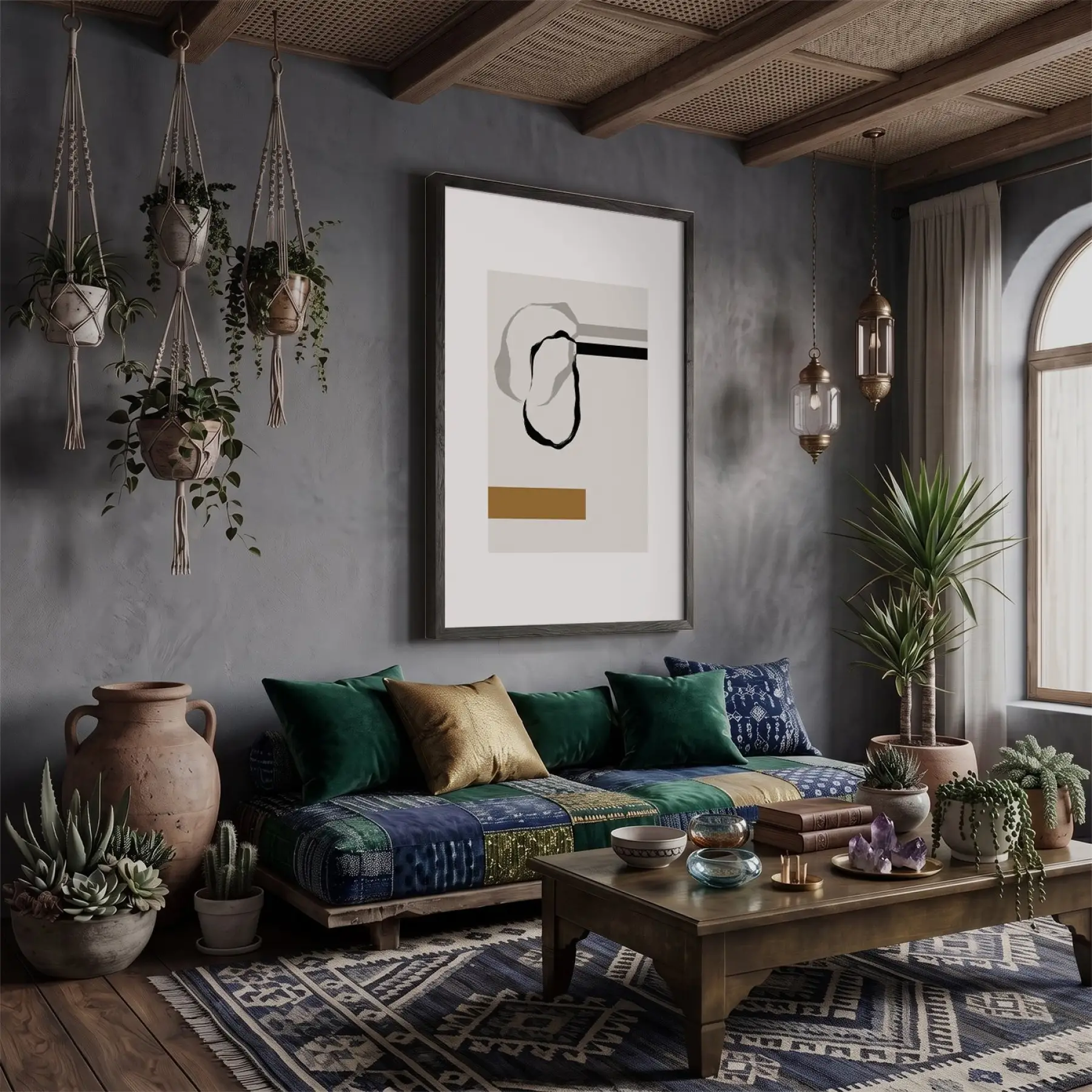 Sarı Dokunuşlu Soyut Denge Siyah Ahşap Çerçeveli Tablo Aksesuarları Modern Sanat İç Mekan