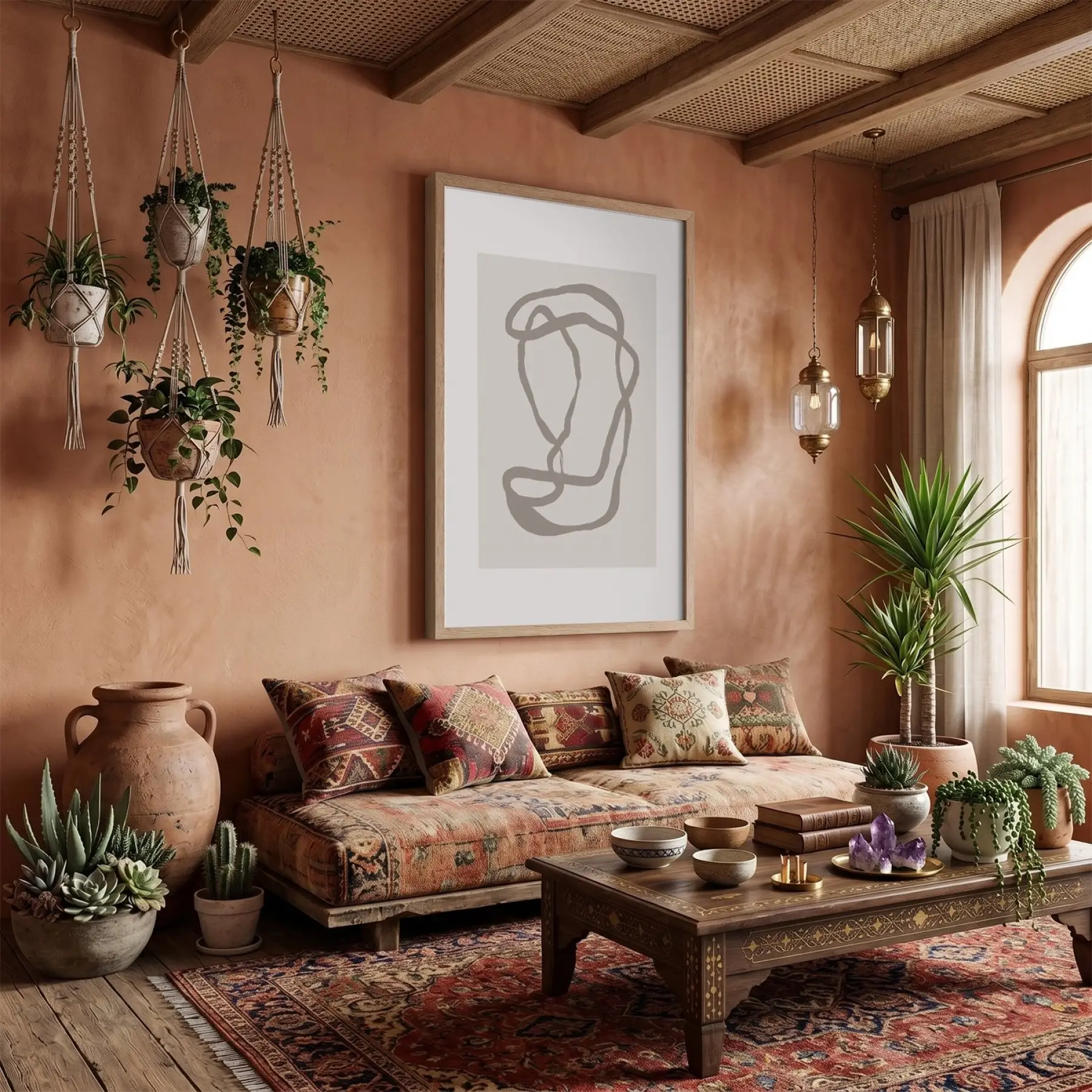 Nötr Tonlarda Akıcı Sanat Doğal Ahşap Çerçeveli Tablo Oturma Odası Duvar Dekoru Poster