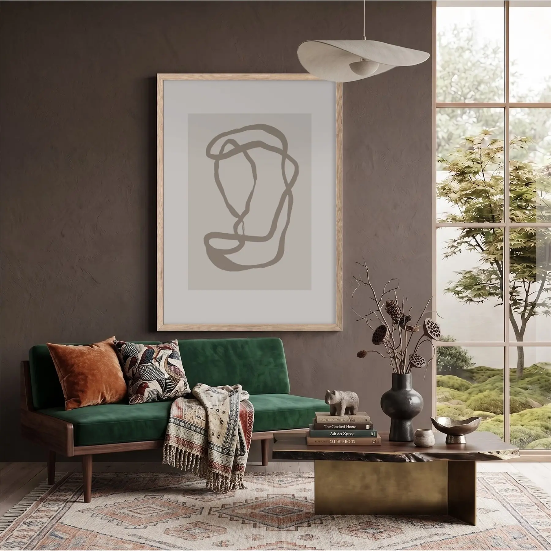 Nötr Tonlarda Akıcı Sanat Doğal Ahşap Çerçeveli Tablo Oturma Odası Duvar Dekoru Poster