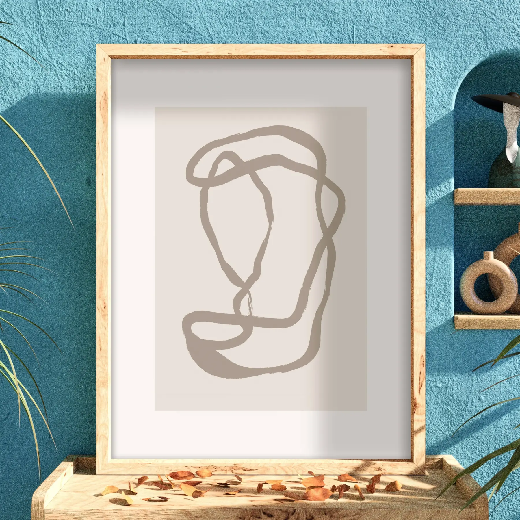 Nötr Tonlarda Akıcı Sanat Doğal Ahşap Çerçeveli Tablo Oturma Odası Duvar Dekoru Poster