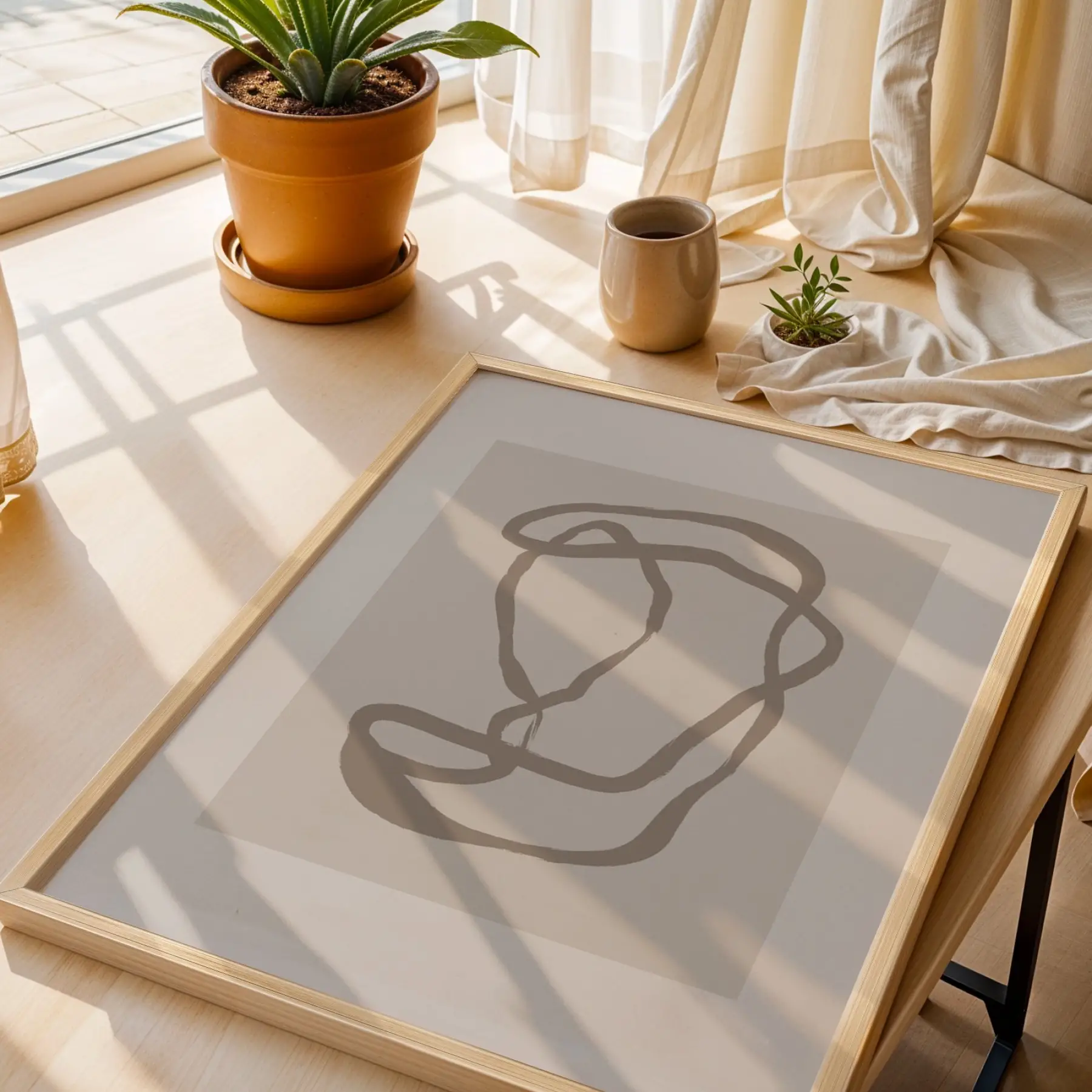 Nötr Tonlarda Akıcı Sanat Doğal Ahşap Çerçeveli Tablo Oturma Odası Duvar Dekoru Poster