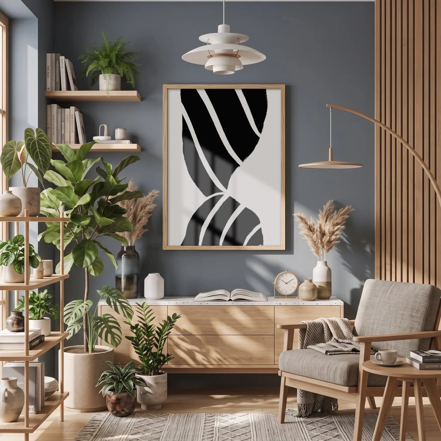 Monokrom Şerit Akışı Doğal Ahşap Çerçeveli Tablo Oturma Odası Duvar Dekoru Poster Obje