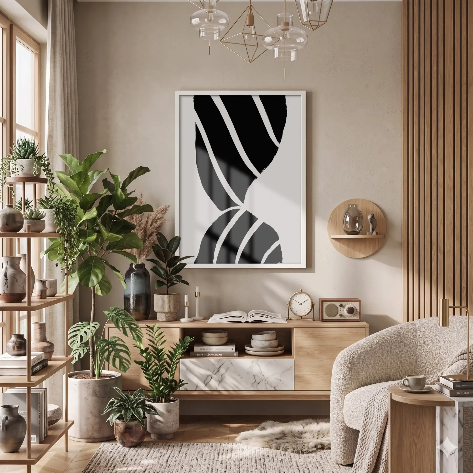 Monokrom Şerit Akışı Beyaz Ahşap Çerçeveli Tablo Oturma Odası Duvar Dekoru Poster Obje