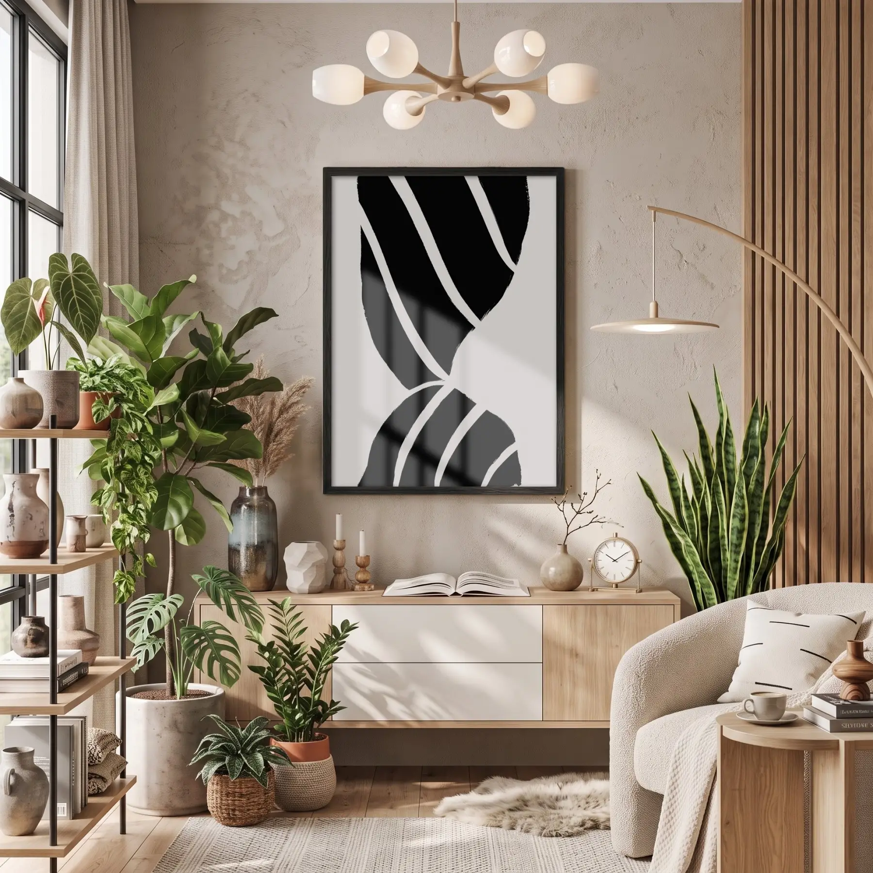 Monokrom Şerit Akışı Siyah Ahşap Çerçeveli Tablo Poster Dekoratif Obje Ev Aksesuarları Modern
