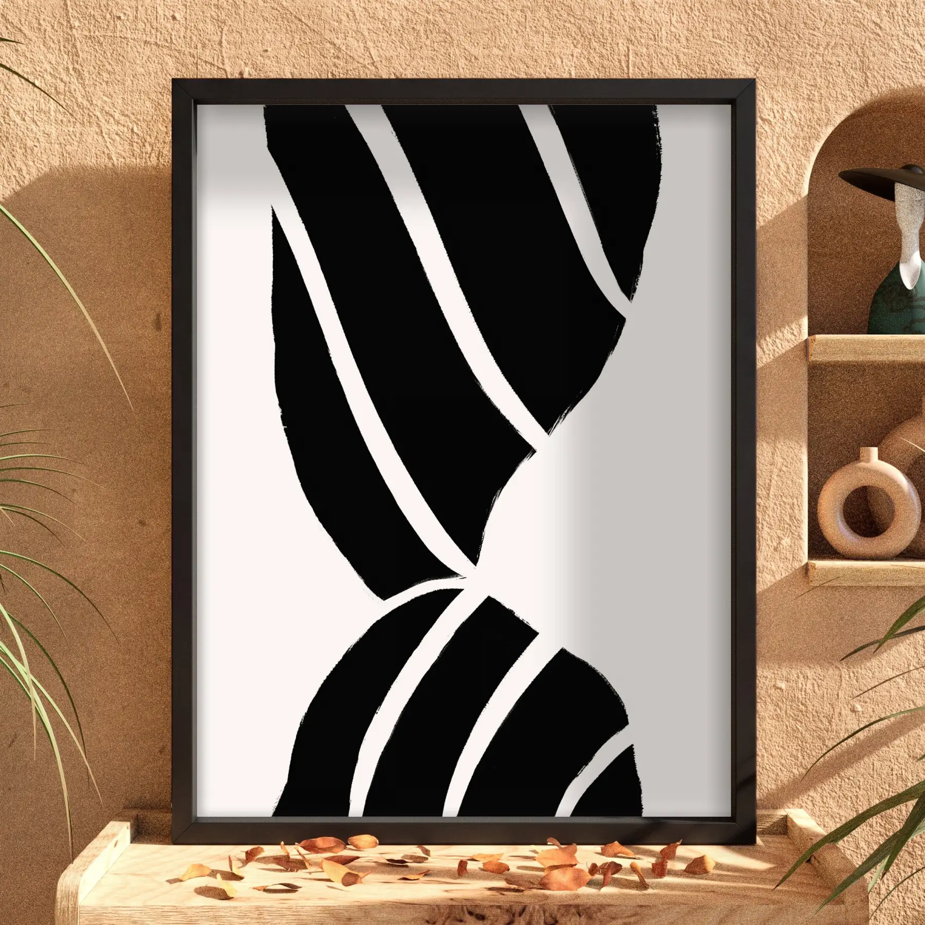 Monokrom Şerit Akışı Siyah Ahşap Çerçeveli Tablo Poster Dekoratif Obje Ev Aksesuarları Modern