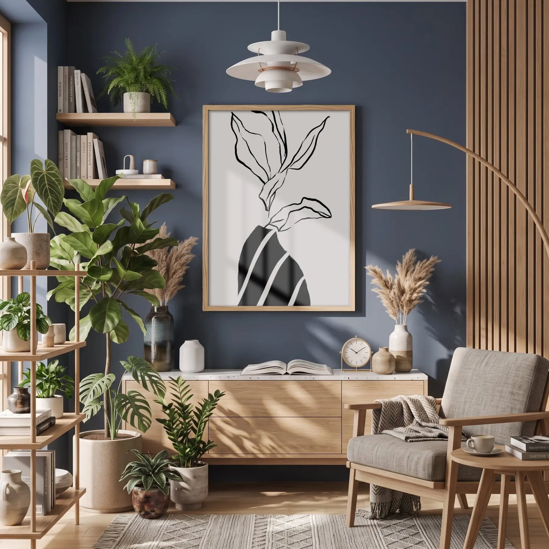 Minimalist Çizgi Form Doğal Ahşap Çerçeveli Tablo Kanvas Görünümlü Salon Oturma Odası Duvar