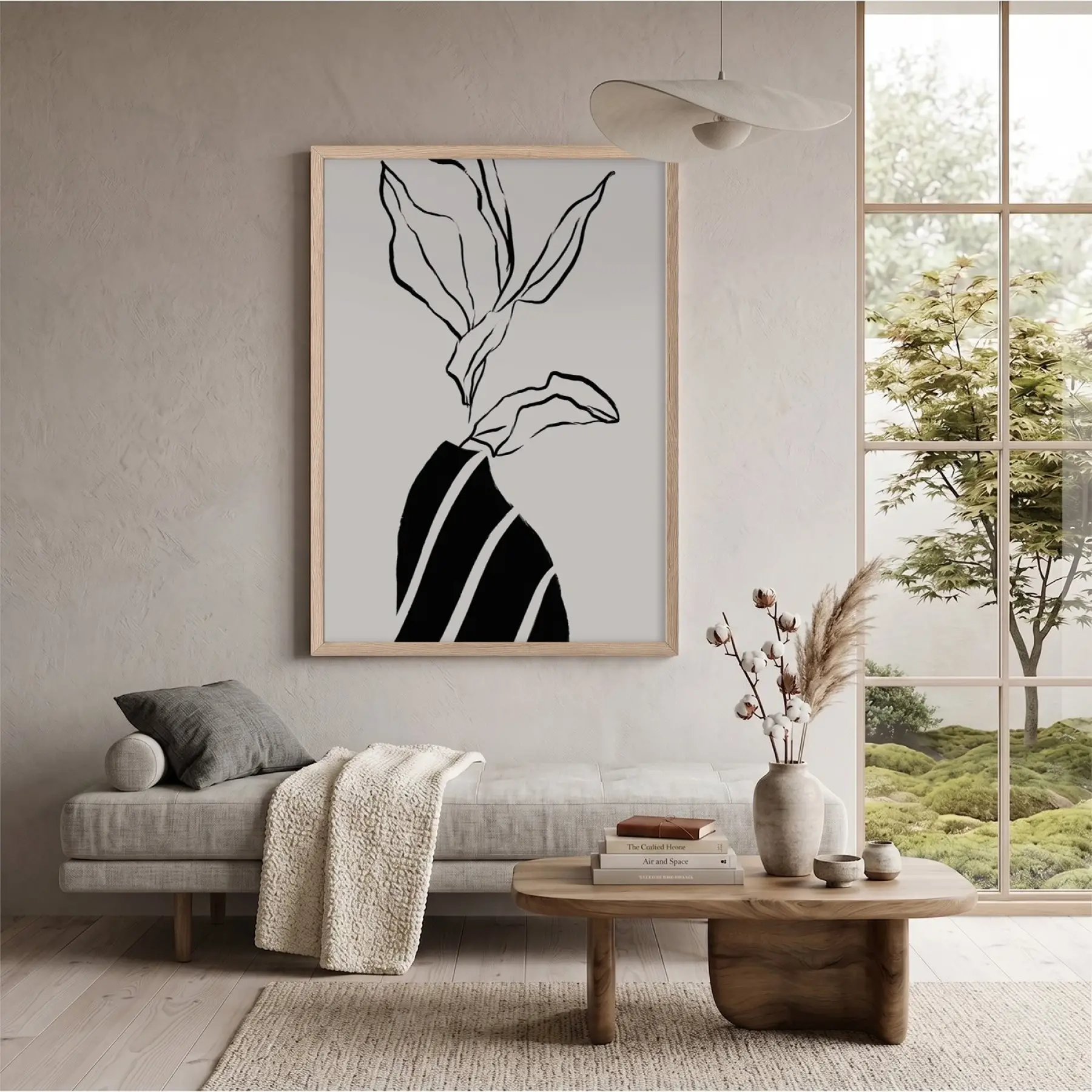 Minimalist Çizgi Form Doğal Ahşap Çerçeveli Tablo Kanvas Görünümlü Salon Oturma Odası Duvar