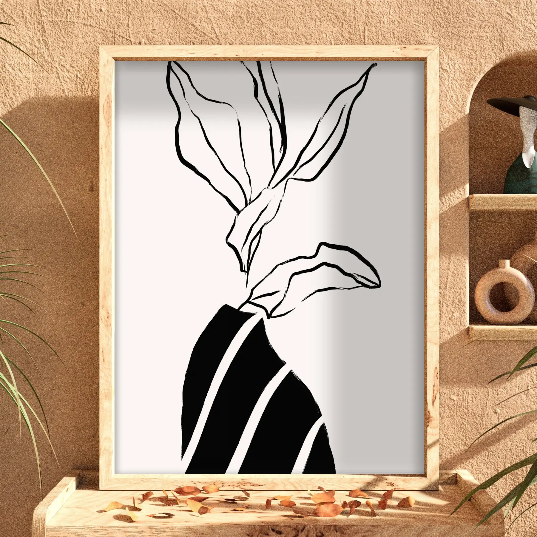 Minimalist Çizgi Form Doğal Ahşap Çerçeveli Tablo Kanvas Görünümlü Salon Oturma Odası Duvar