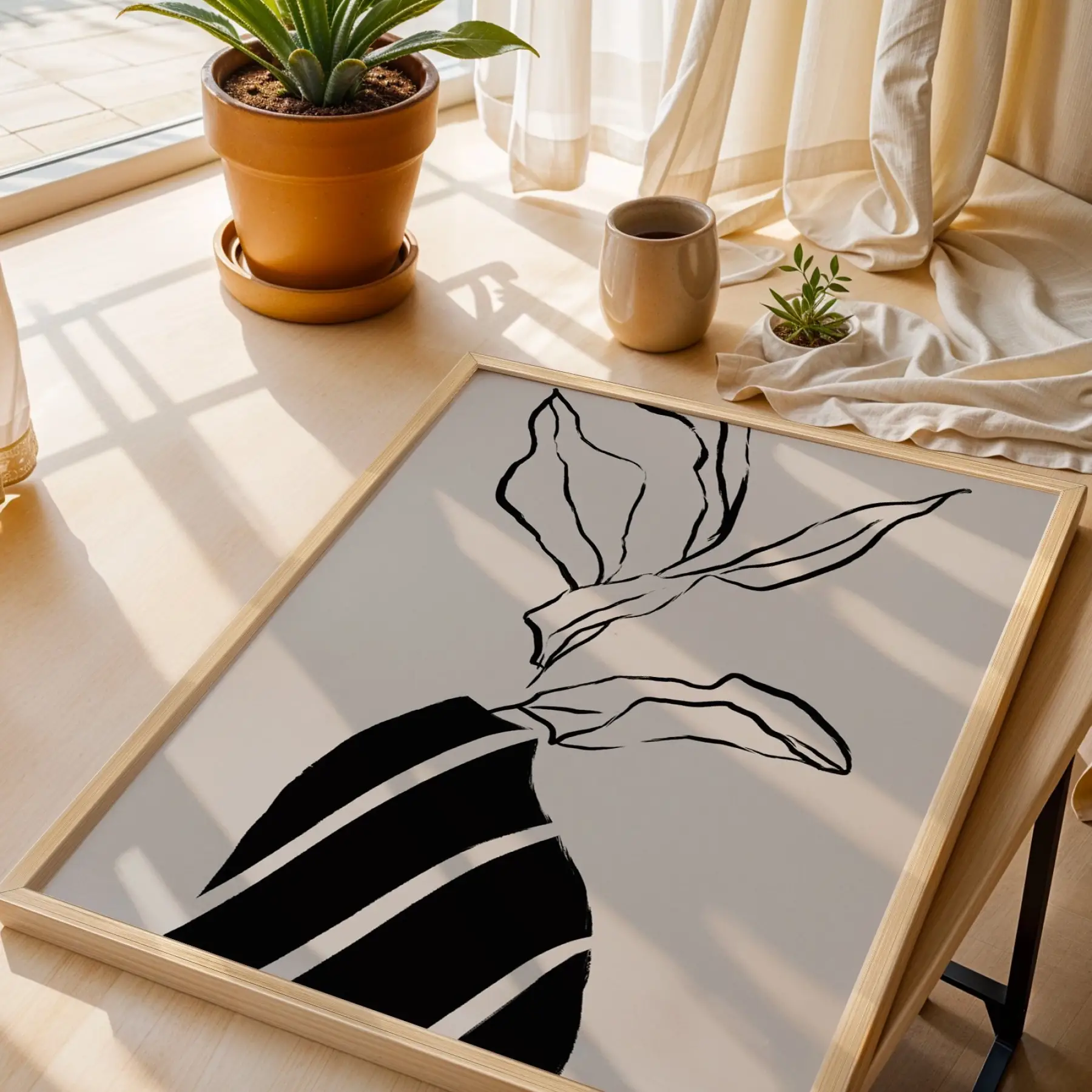Minimalist Çizgi Form Doğal Ahşap Çerçeveli Tablo Kanvas Görünümlü Salon Oturma Odası Duvar