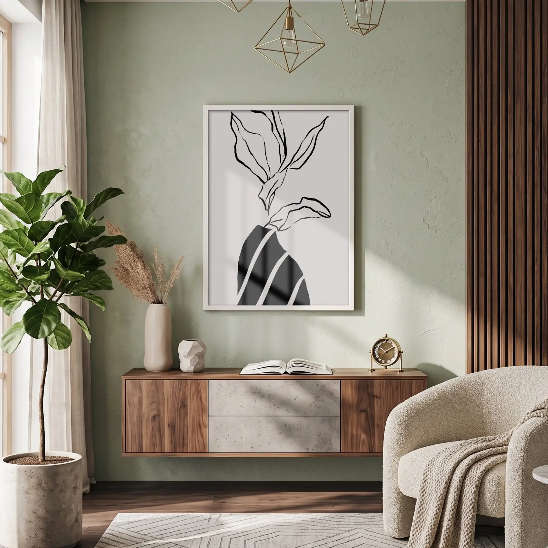Minimalist Çizgi Form Beyaz Ahşap Çerçeveli Tablo Oturma Odası Duvar Dekoru Poster Obje