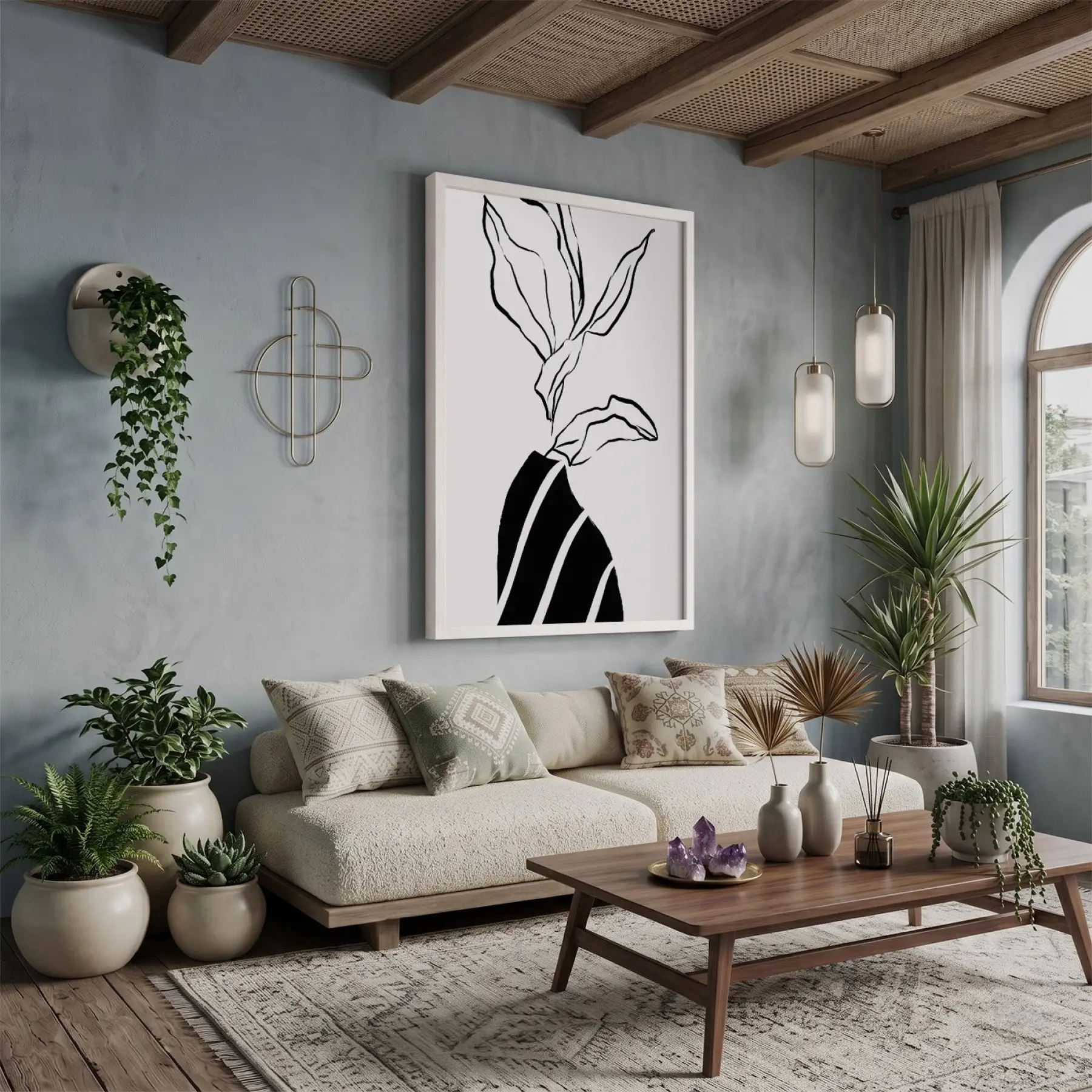 Minimalist Çizgi Form Beyaz Ahşap Çerçeveli Tablo Oturma Odası Duvar Dekoru Poster Obje