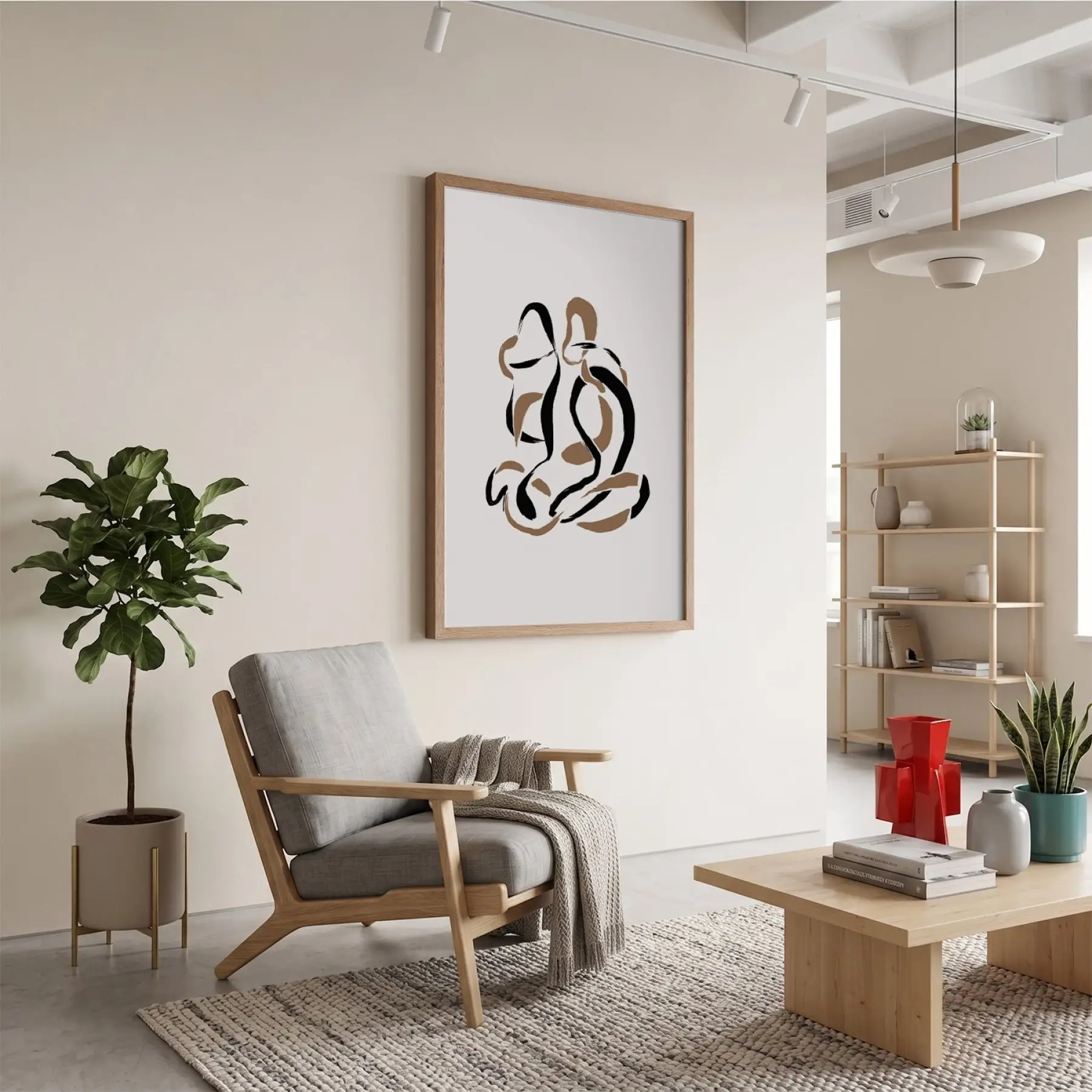 Akışkan Abstre Toprak Tonları Doğal Ahşap Çerçeveli Tablo Salon Oturma Odası Duvar Dekoru