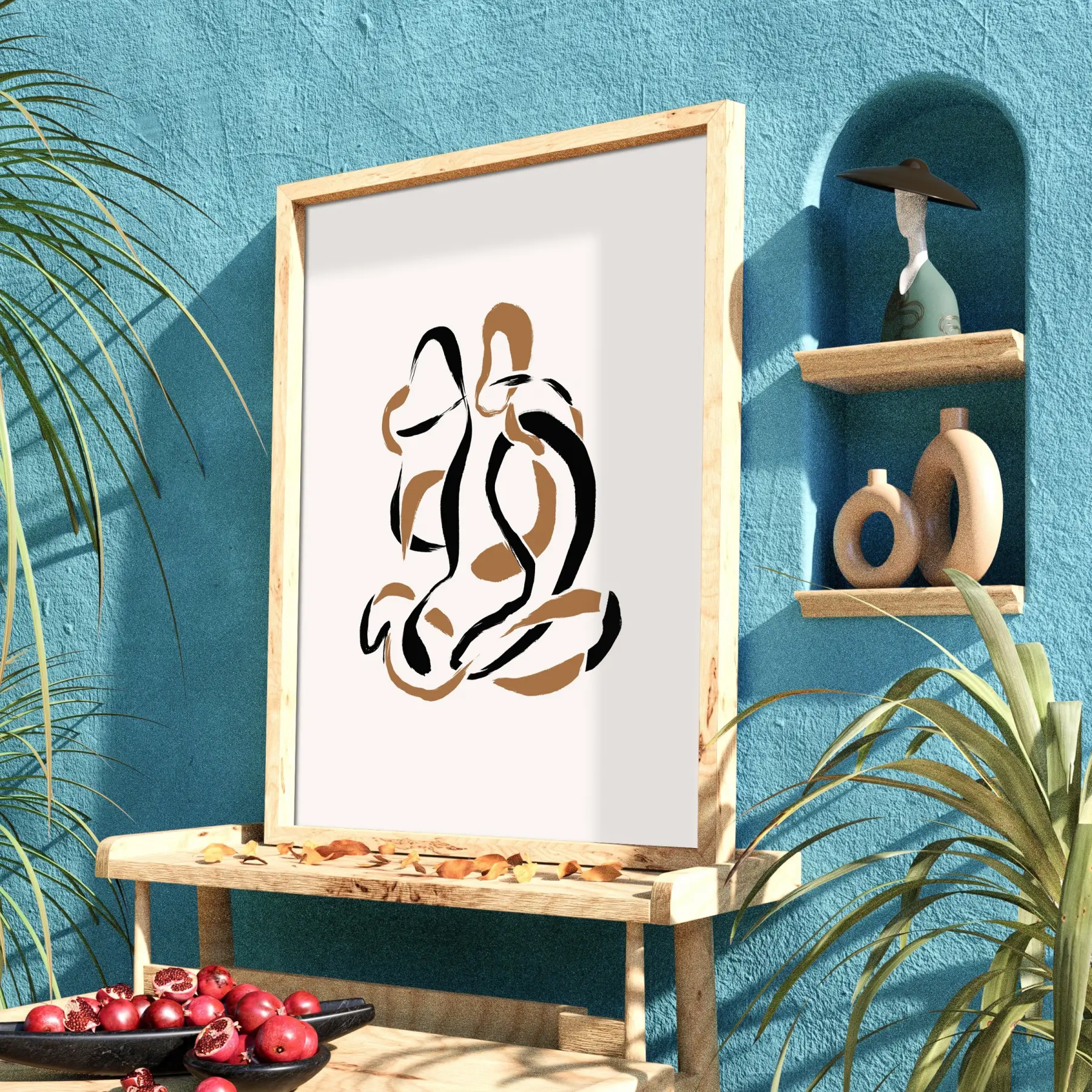 Akışkan Abstre Toprak Tonları Doğal Ahşap Çerçeveli Tablo Salon Oturma Odası Duvar Dekoru