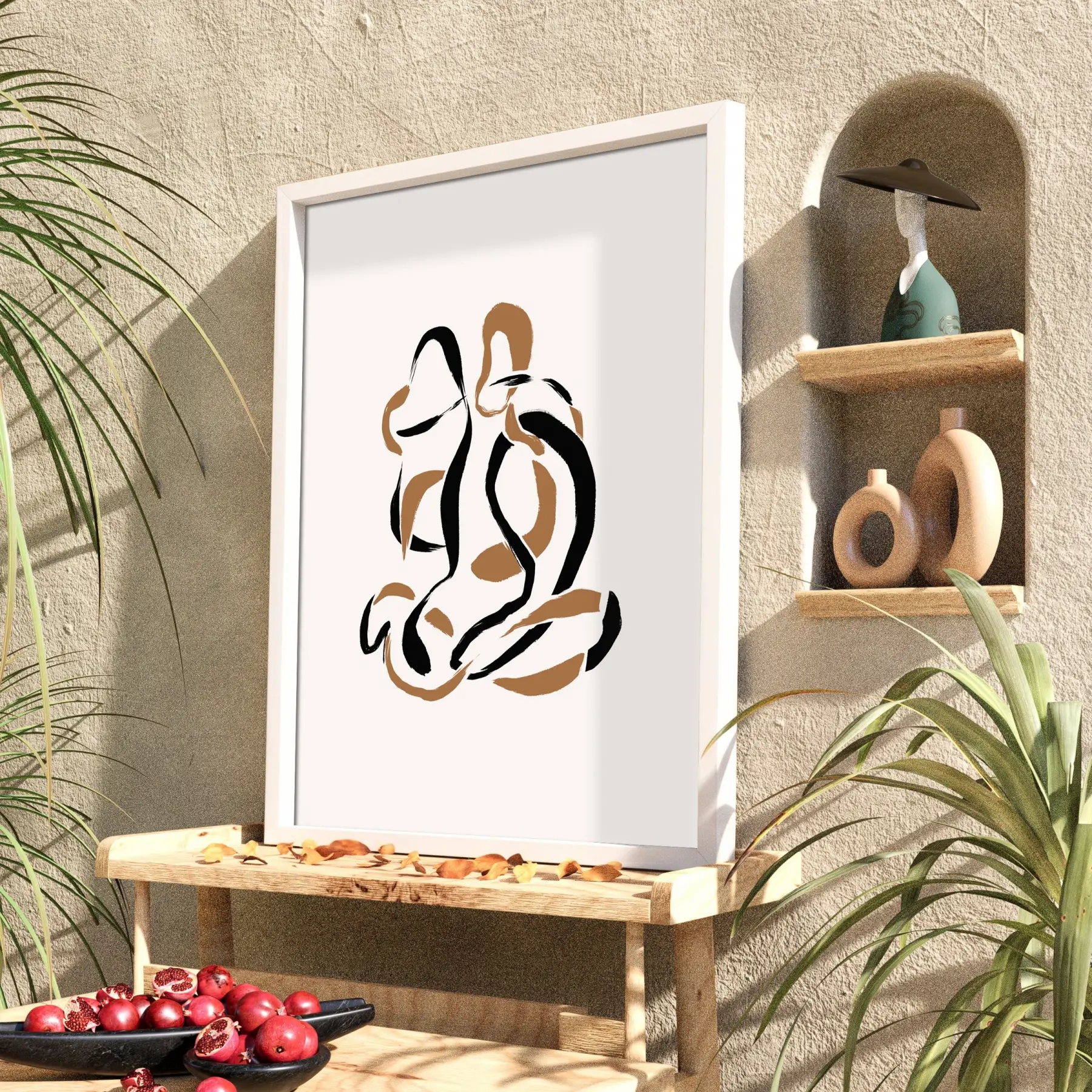 Akışkan Abstre Toprak Tonları Beyaz Ahşap Çerçeveli Tablo Ev Aksesuarları Modern Sanat İç
