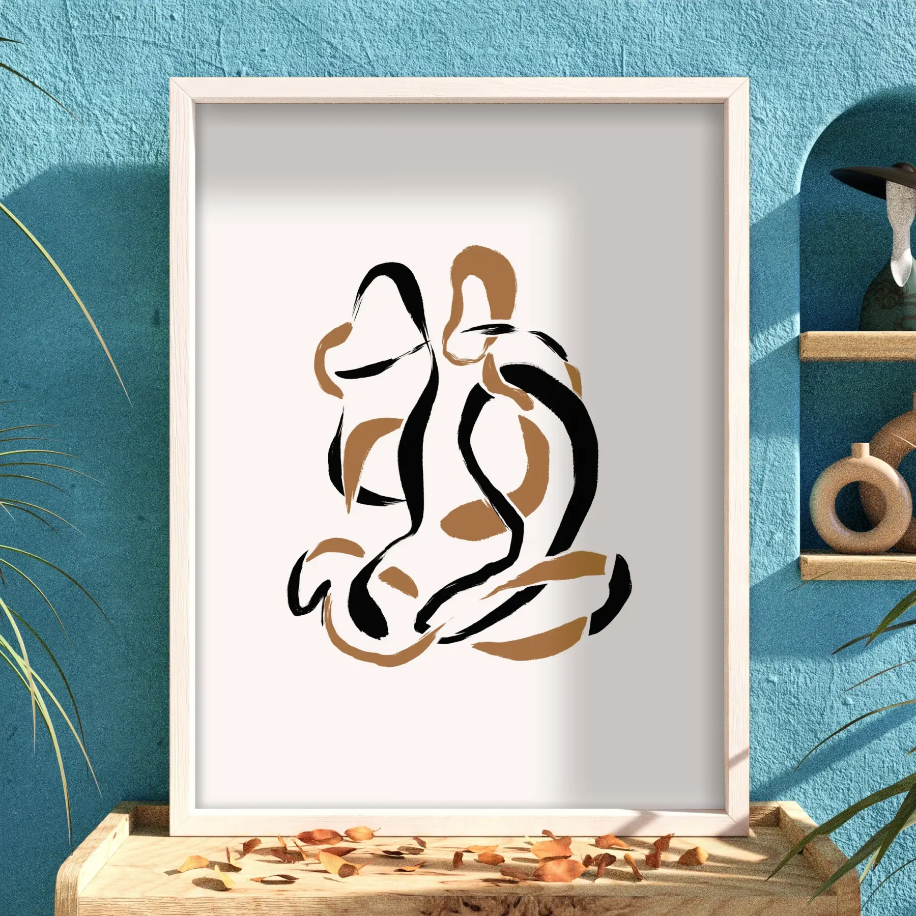 Akışkan Abstre Toprak Tonları Beyaz Ahşap Çerçeveli Tablo Ev Aksesuarları Modern Sanat İç