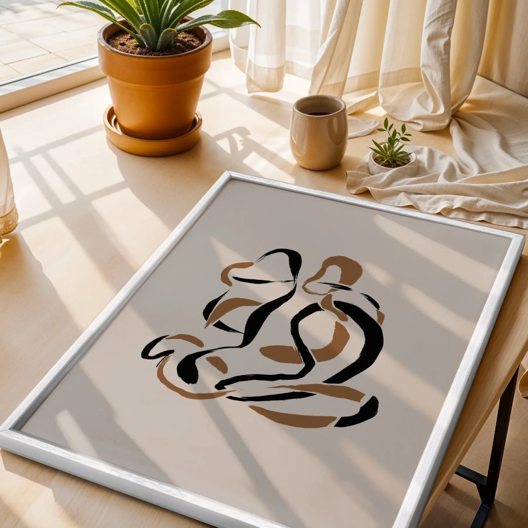 Akışkan Abstre Toprak Tonları Beyaz Ahşap Çerçeveli Tablo Ev Aksesuarları Modern Sanat İç