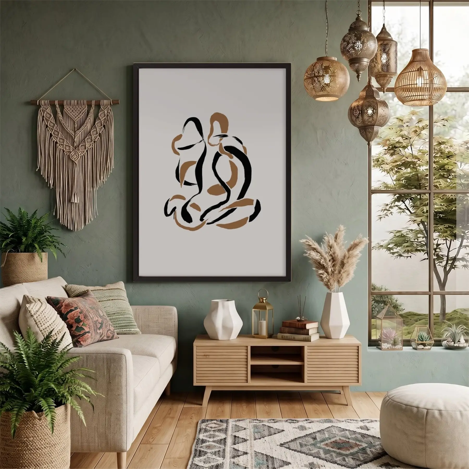 Akışkan Abstre Toprak Tonları Siyah Ahşap Çerçeveli Tablo Kanvas Görünümlü Salon Oturma Odası