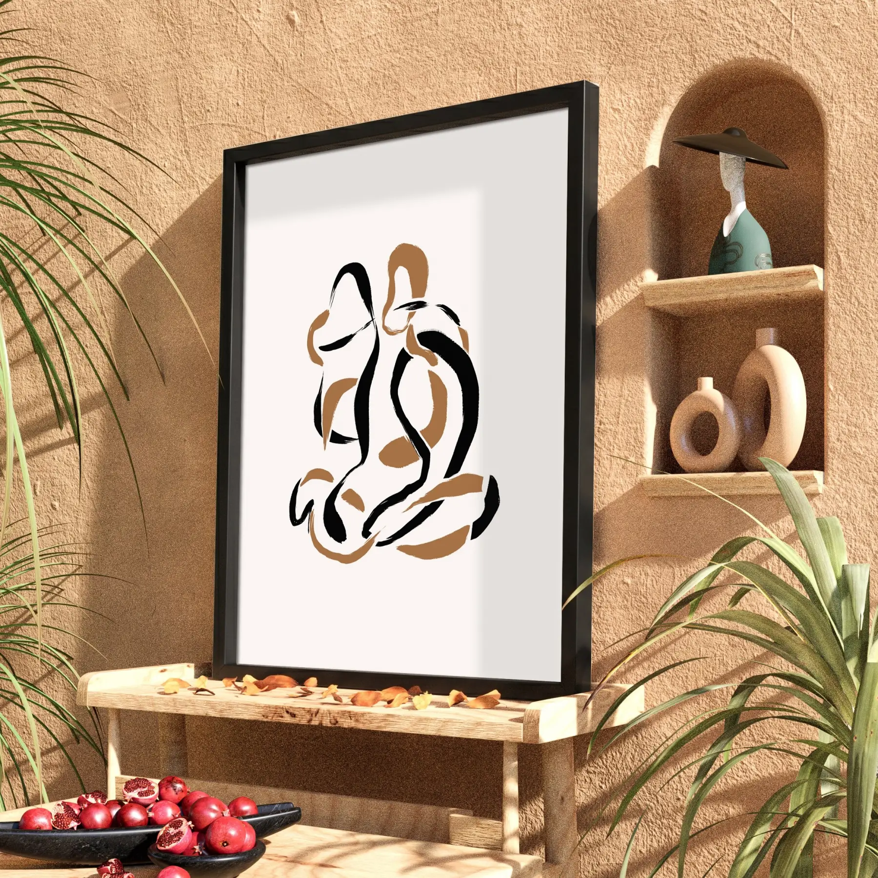Akışkan Abstre Toprak Tonları Siyah Ahşap Çerçeveli Tablo Kanvas Görünümlü Salon Oturma Odası