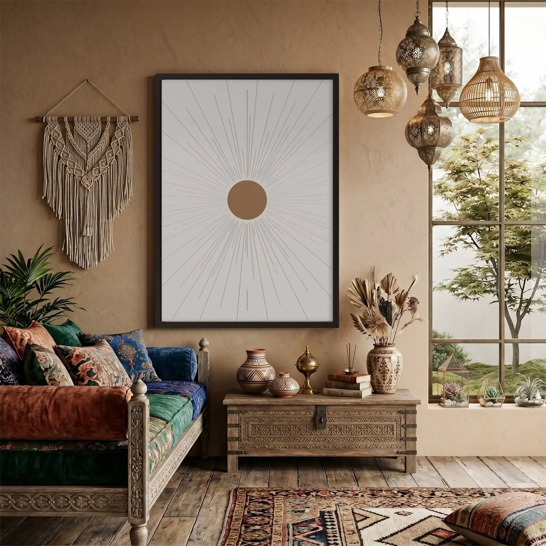 Soyut Gün Işığı Tablo Siyah Ahşap Çerçeveli Sanat İç Mekan Yatak Koridor Ofis