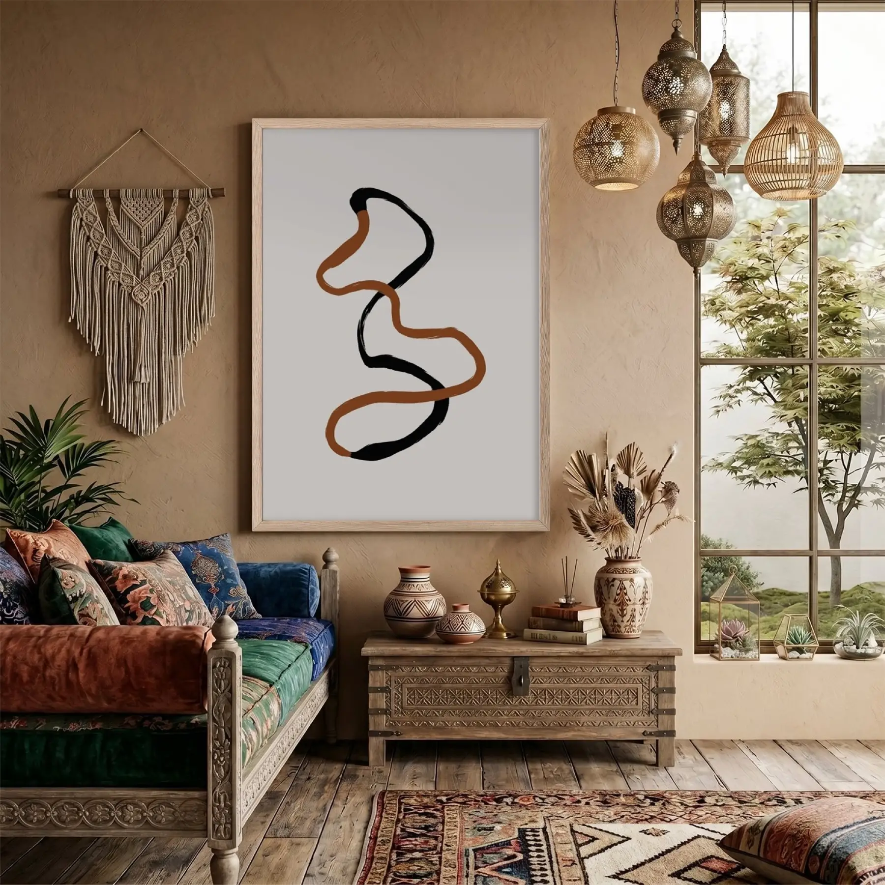 Akışkan Toprak Tonları Soyut Sanat Doğal Ahşap Çerçeveli Tablo Modern İç Mekan Yatak
