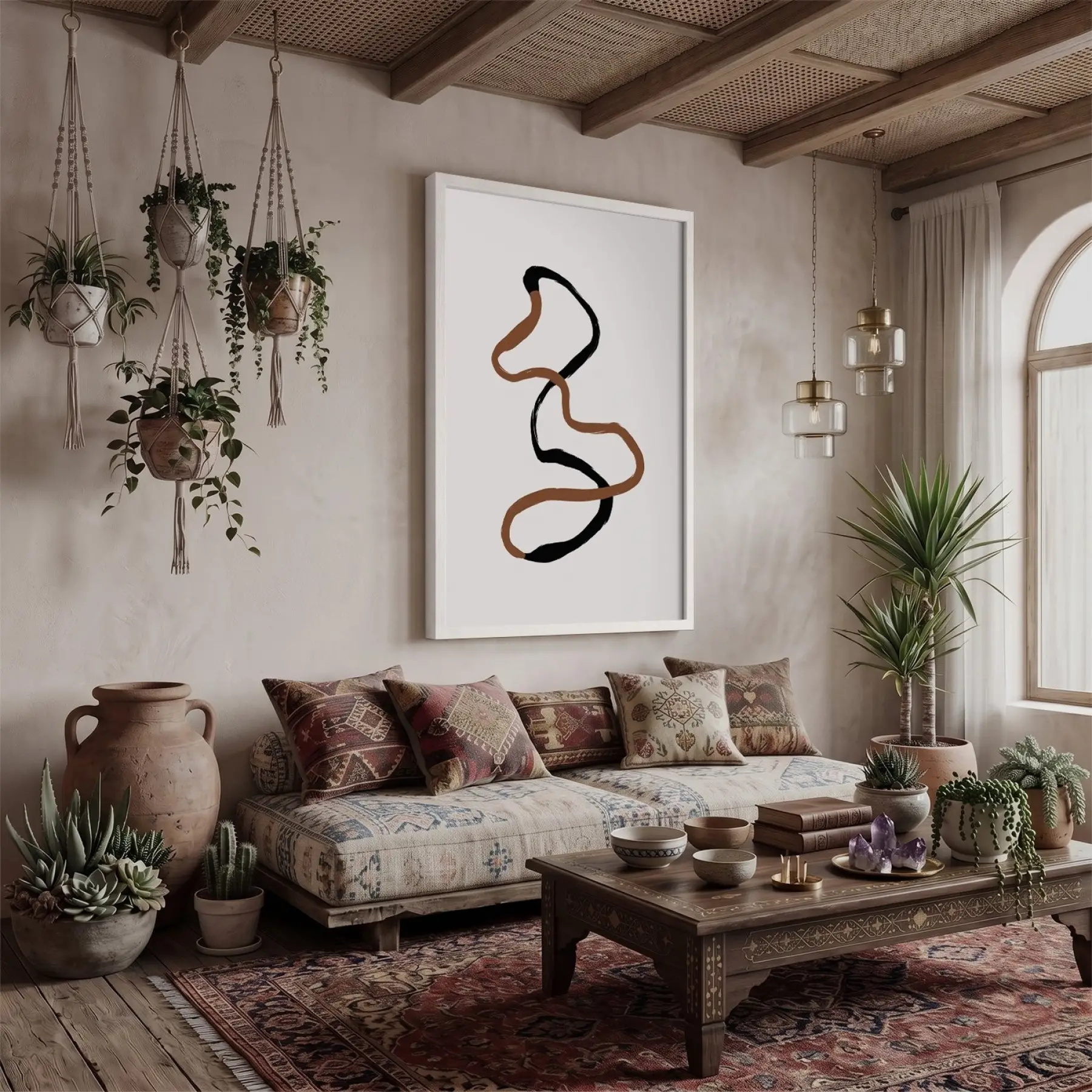 Akışkan Toprak Tonları Soyut Sanat Beyaz Ahşap Çerçeveli Tablo Ev Aksesuarları Modern İç