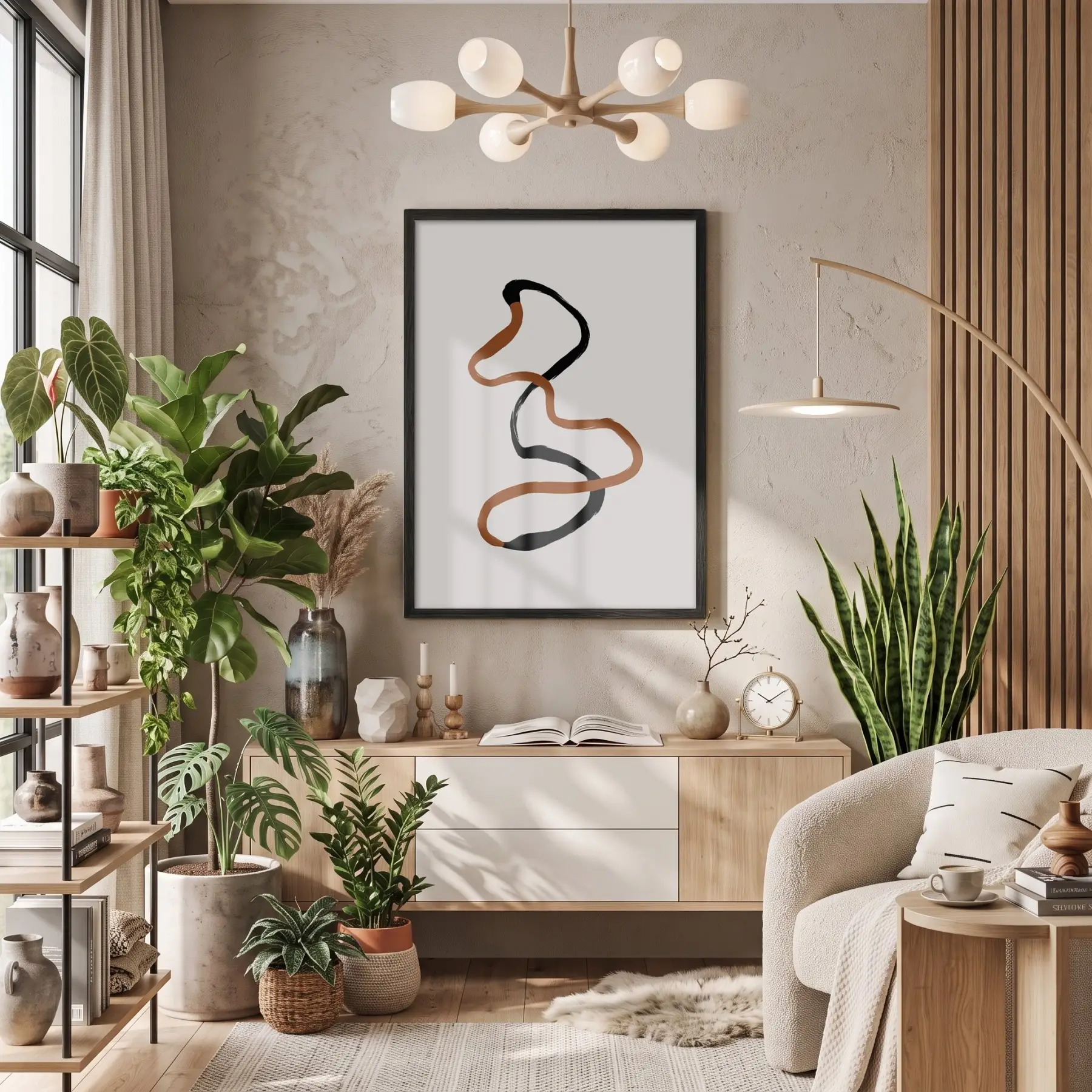 Akışkan Toprak Tonları Soyut Sanat Siyah Ahşap Çerçeveli Tablo Duvar Dekoru Poster Obje