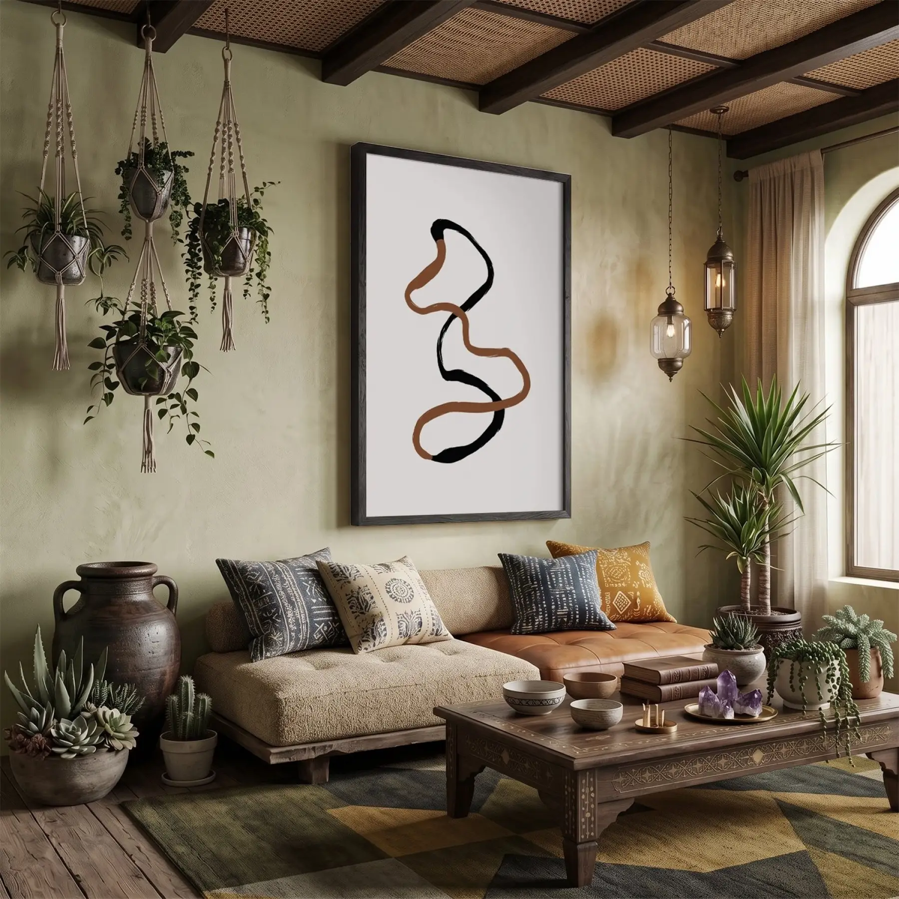 Akışkan Toprak Tonları Soyut Sanat Siyah Ahşap Çerçeveli Tablo Duvar Dekoru Poster Obje