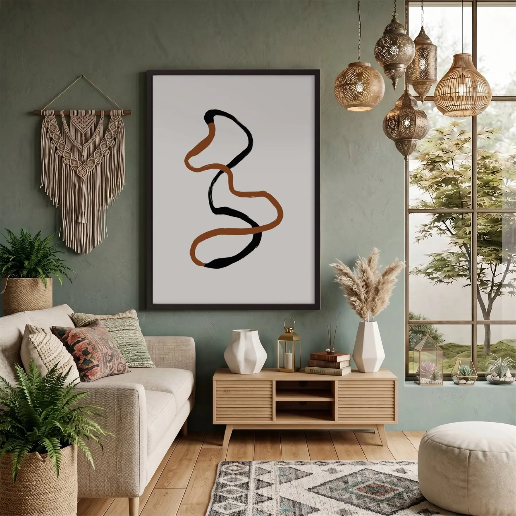 Akışkan Toprak Tonları Soyut Sanat Siyah Ahşap Çerçeveli Tablo Duvar Dekoru Poster Obje
