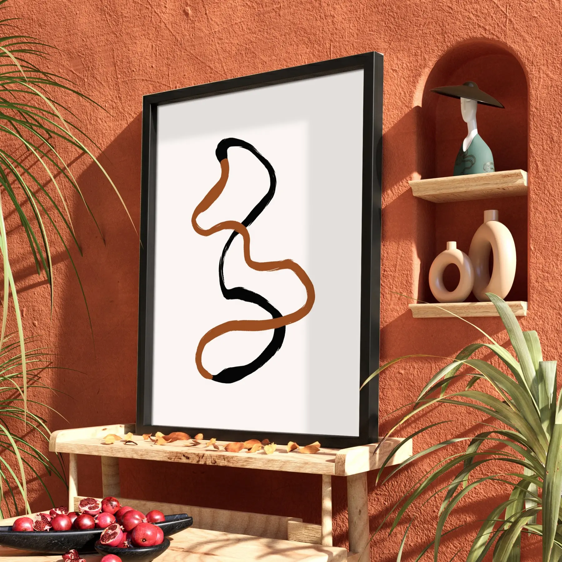 Akışkan Toprak Tonları Soyut Sanat Siyah Ahşap Çerçeveli Tablo Duvar Dekoru Poster Obje