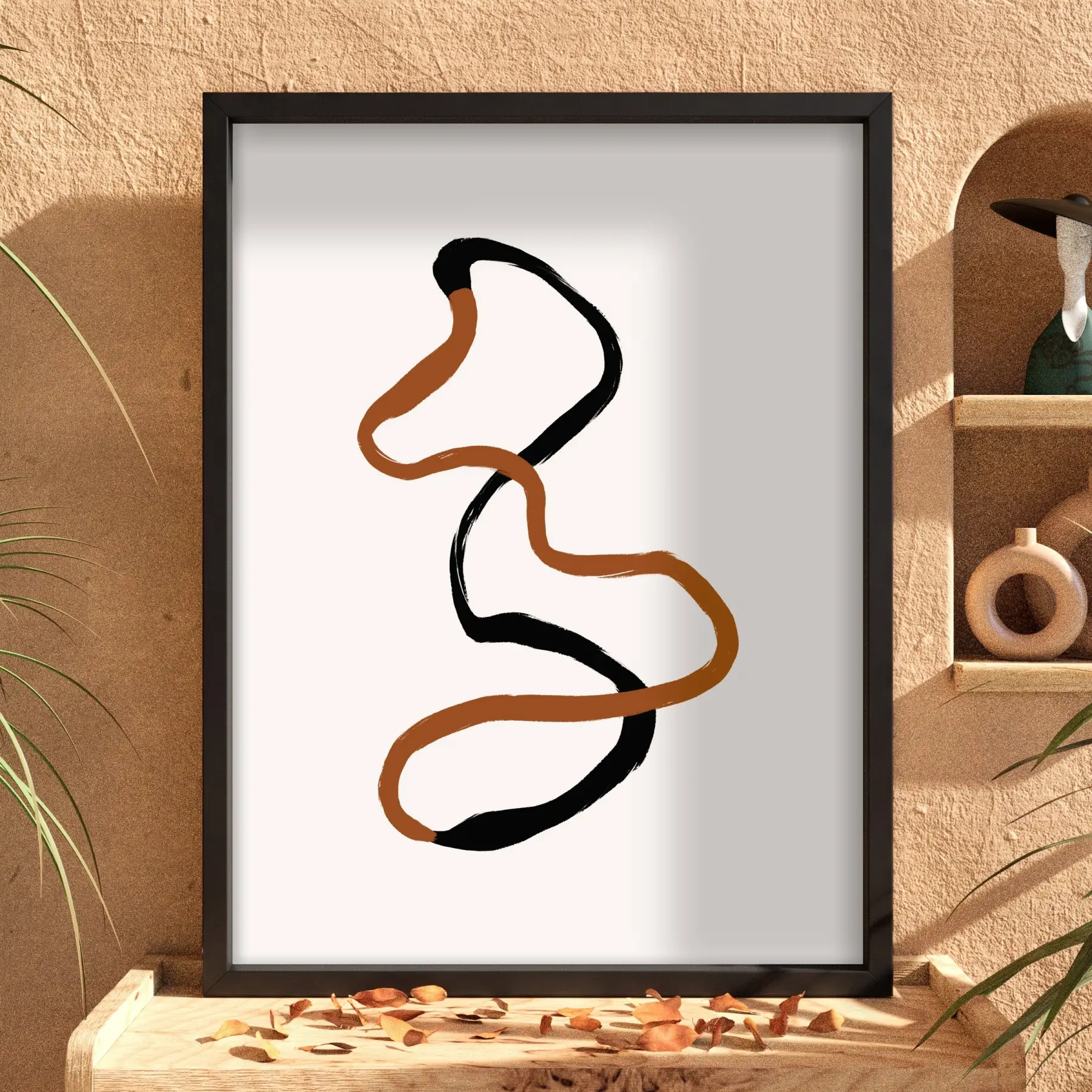 Akışkan Toprak Tonları Soyut Sanat Siyah Ahşap Çerçeveli Tablo Duvar Dekoru Poster Obje