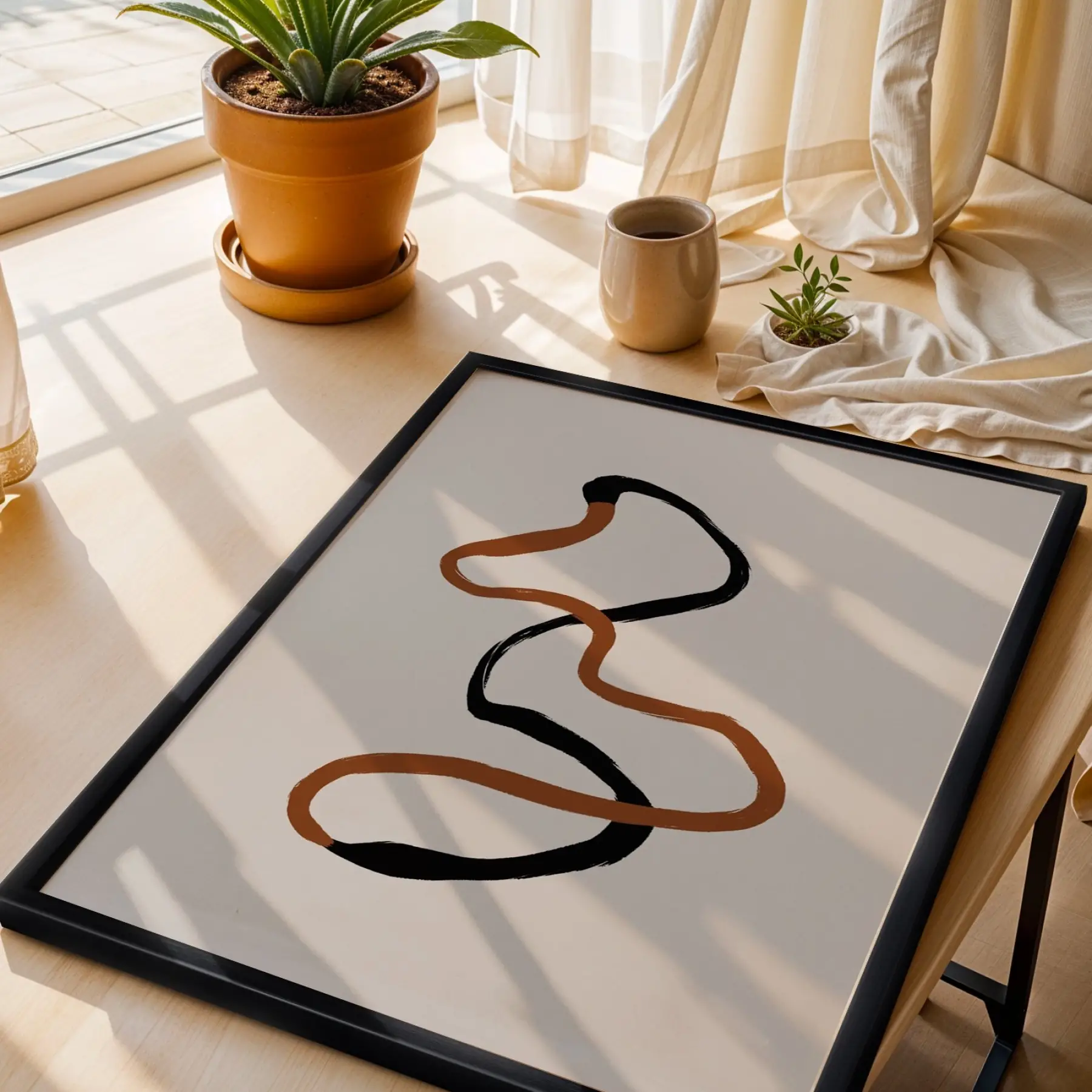 Akışkan Toprak Tonları Soyut Sanat Siyah Ahşap Çerçeveli Tablo Duvar Dekoru Poster Obje