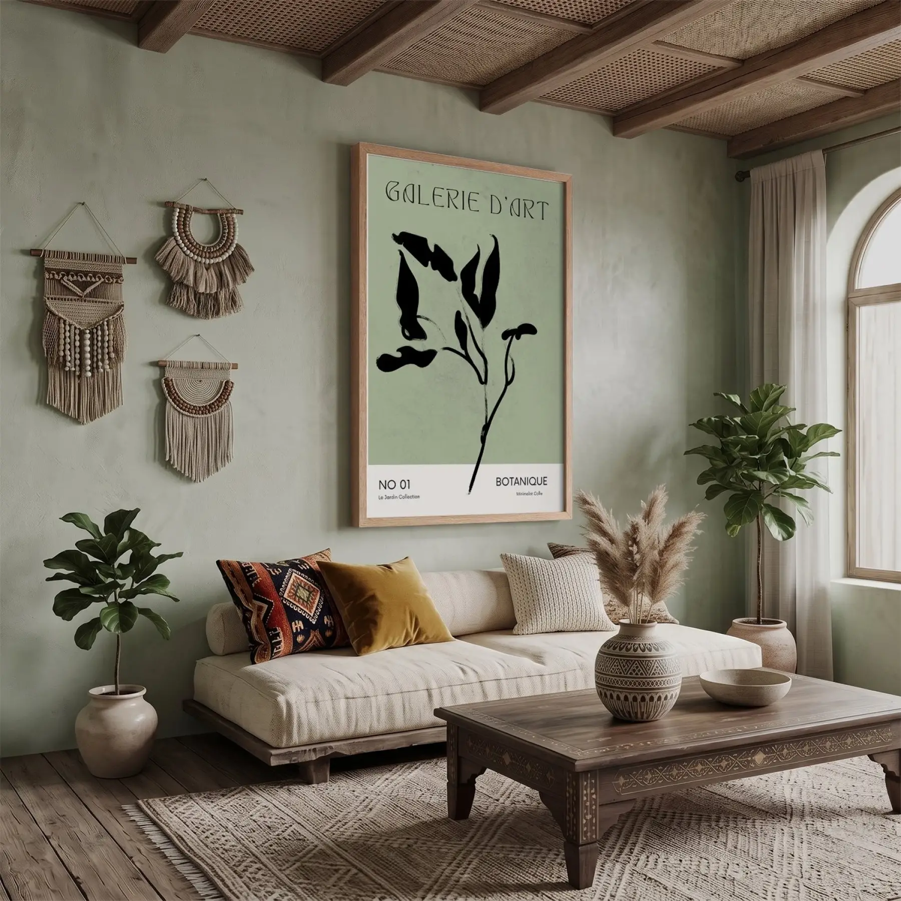 Minimalist Botanik Yeşil Sanat Doğal Ahşap Çerçeveli Tablo Bohem İç Mekan Yatak Koridor