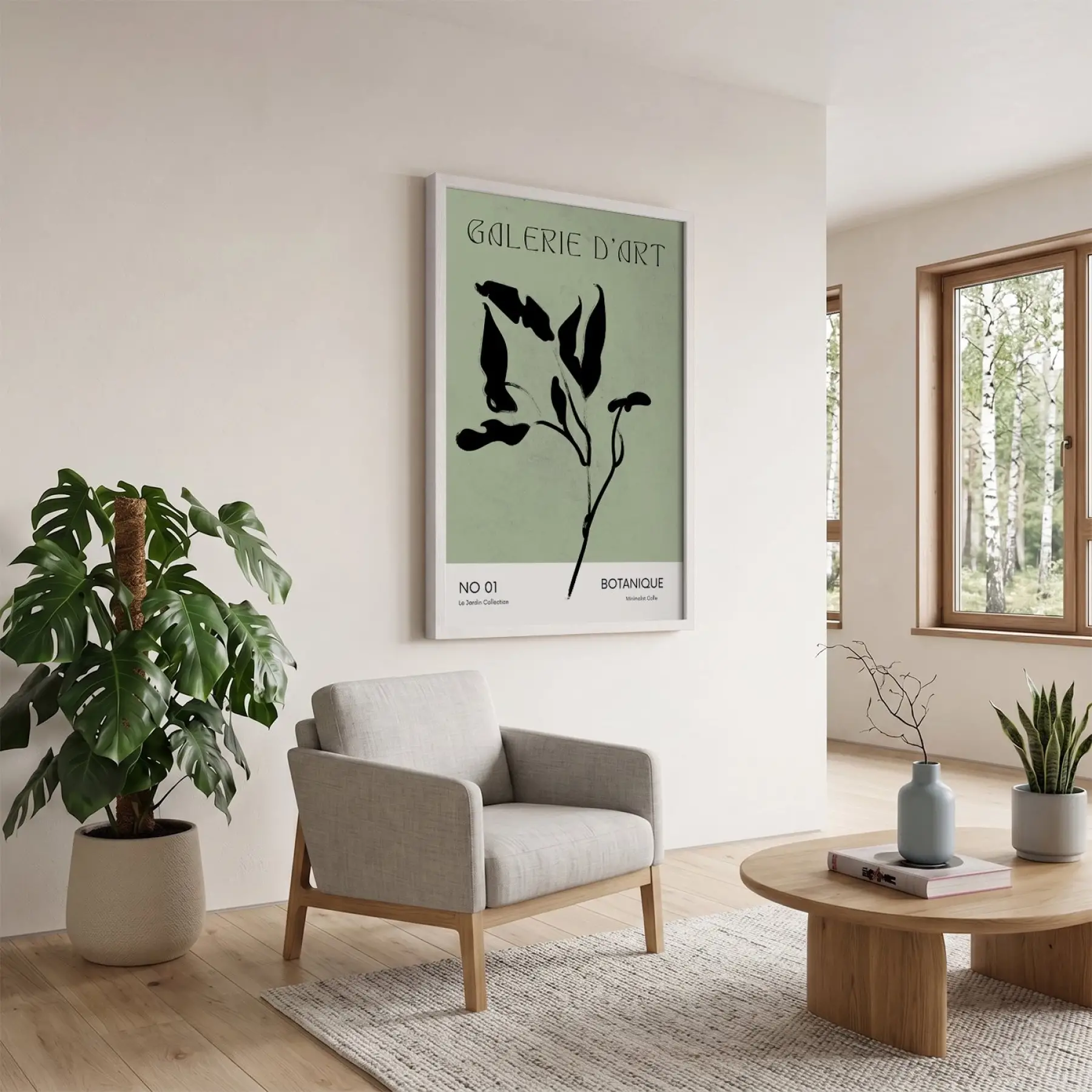 Minimalist Botanik Yeşil Sanat Beyaz Ahşap Çerçeveli Tablo Bohem Poster Dekoratif Obje Ev