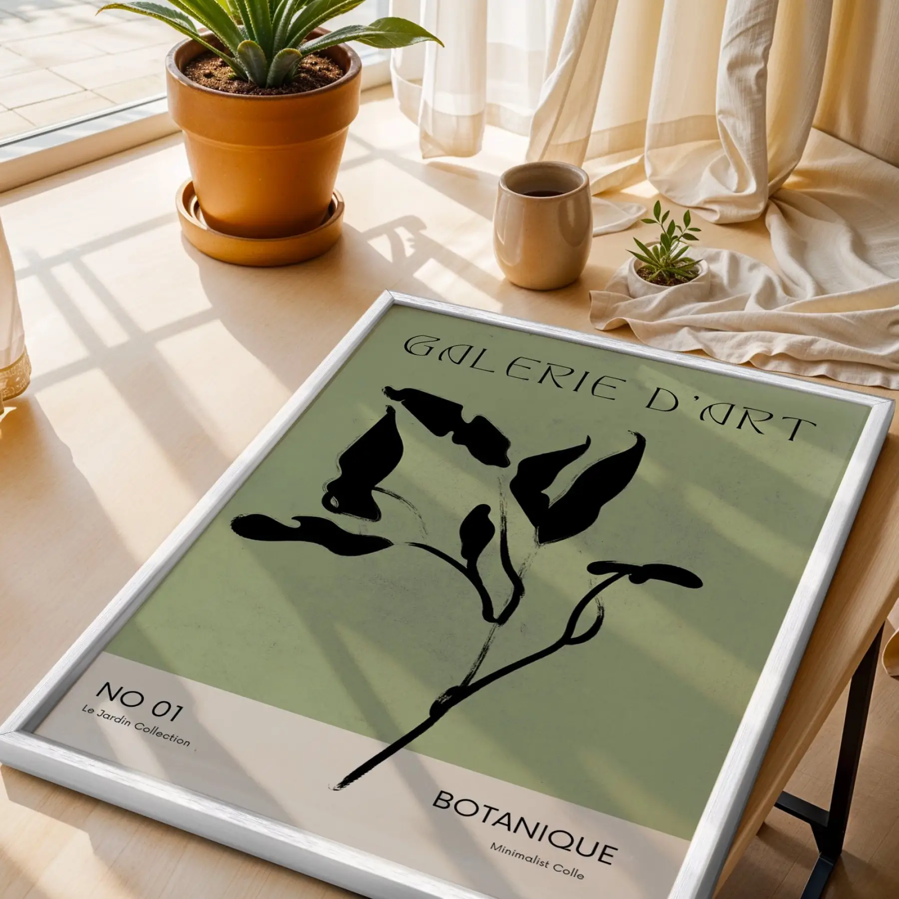 Minimalist Botanik Yeşil Sanat Beyaz Ahşap Çerçeveli Tablo Bohem Poster Dekoratif Obje Ev