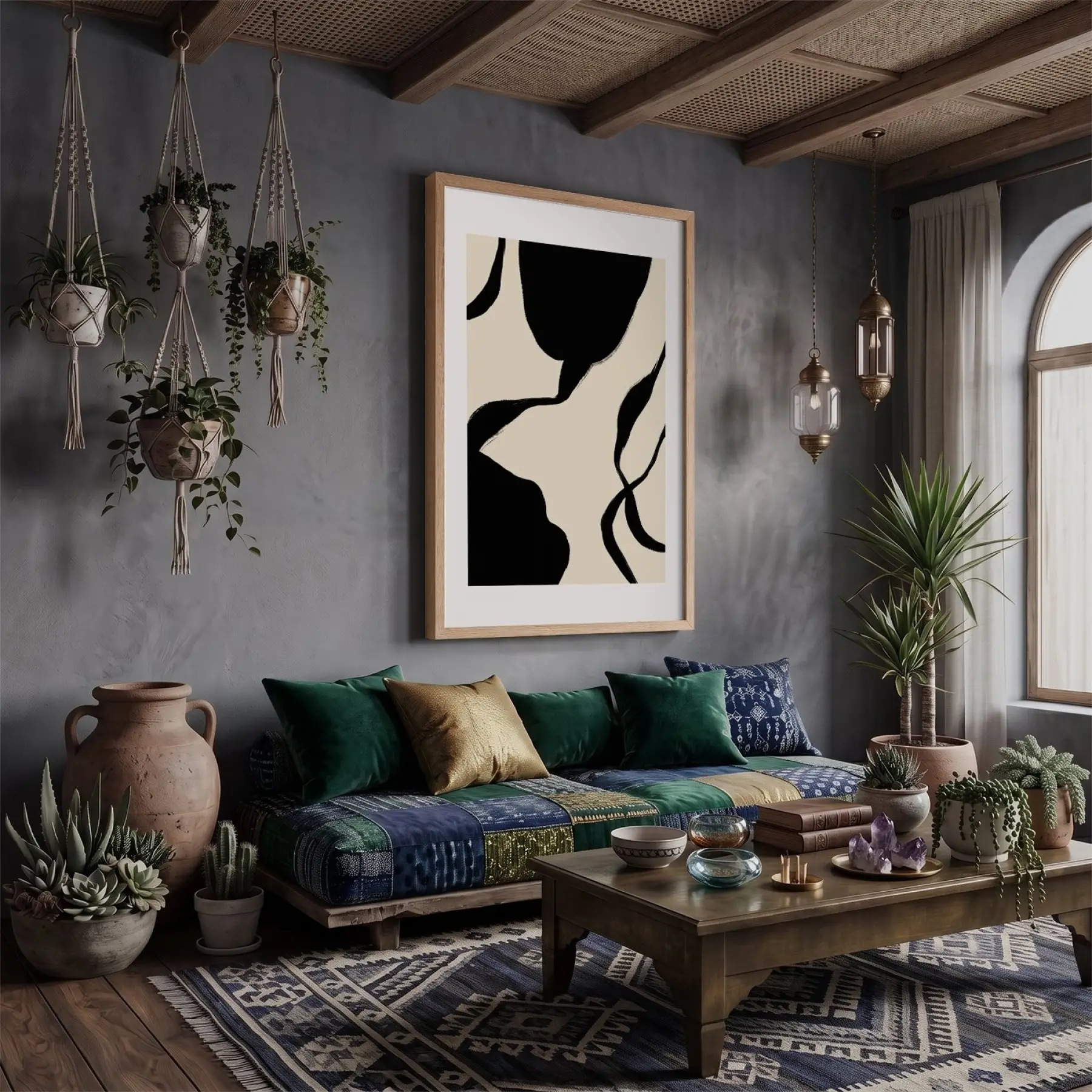 Koyu Organik Formlar Doğal Ahşap Çerçeveli Tablo Aksesuarları Modern Sanat İç Mekan Yatak
