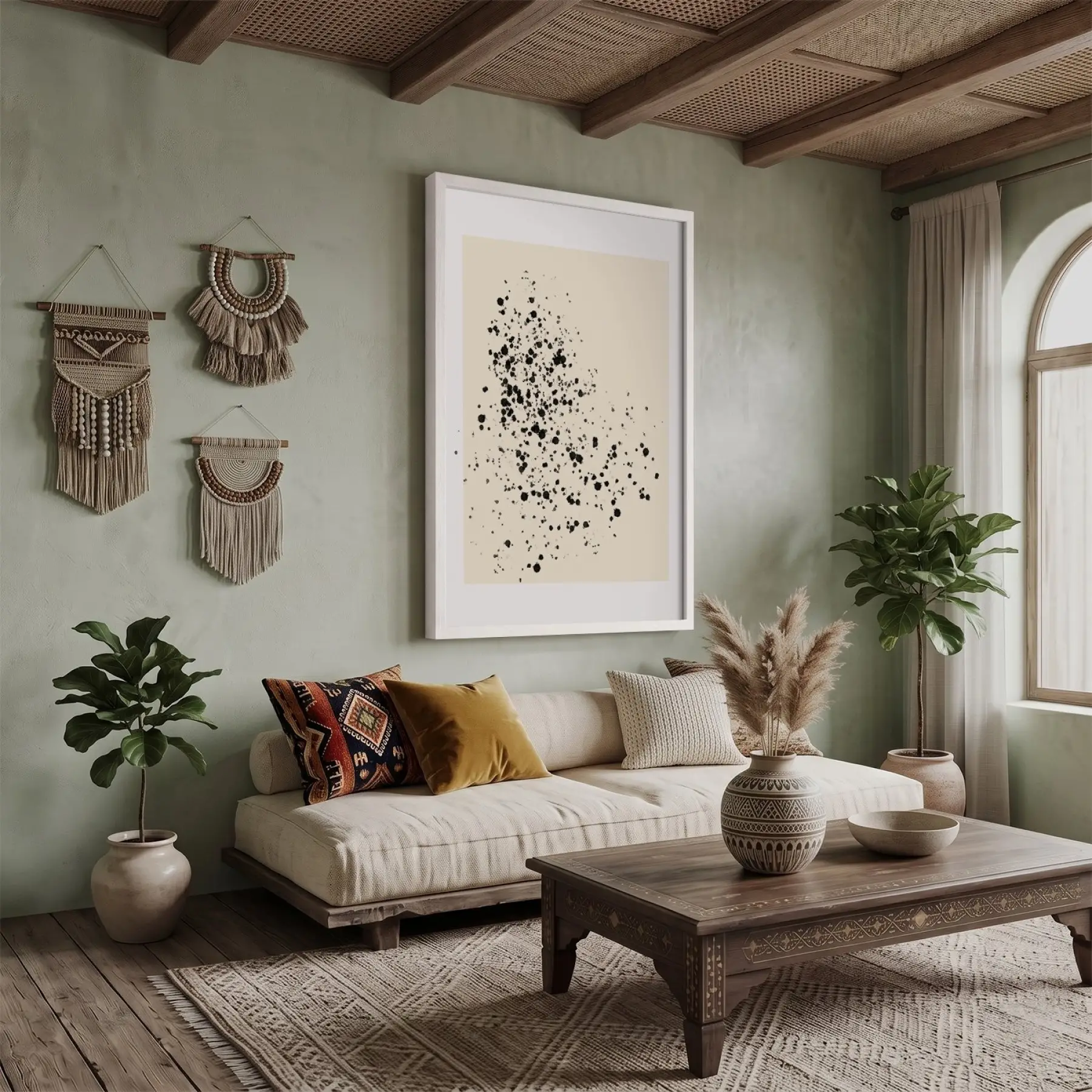 Bej Zeminde Siyah Lekeler Beyaz Ahşap Çerçeveli Tablo Ev Aksesuarları Modern Sanat İç