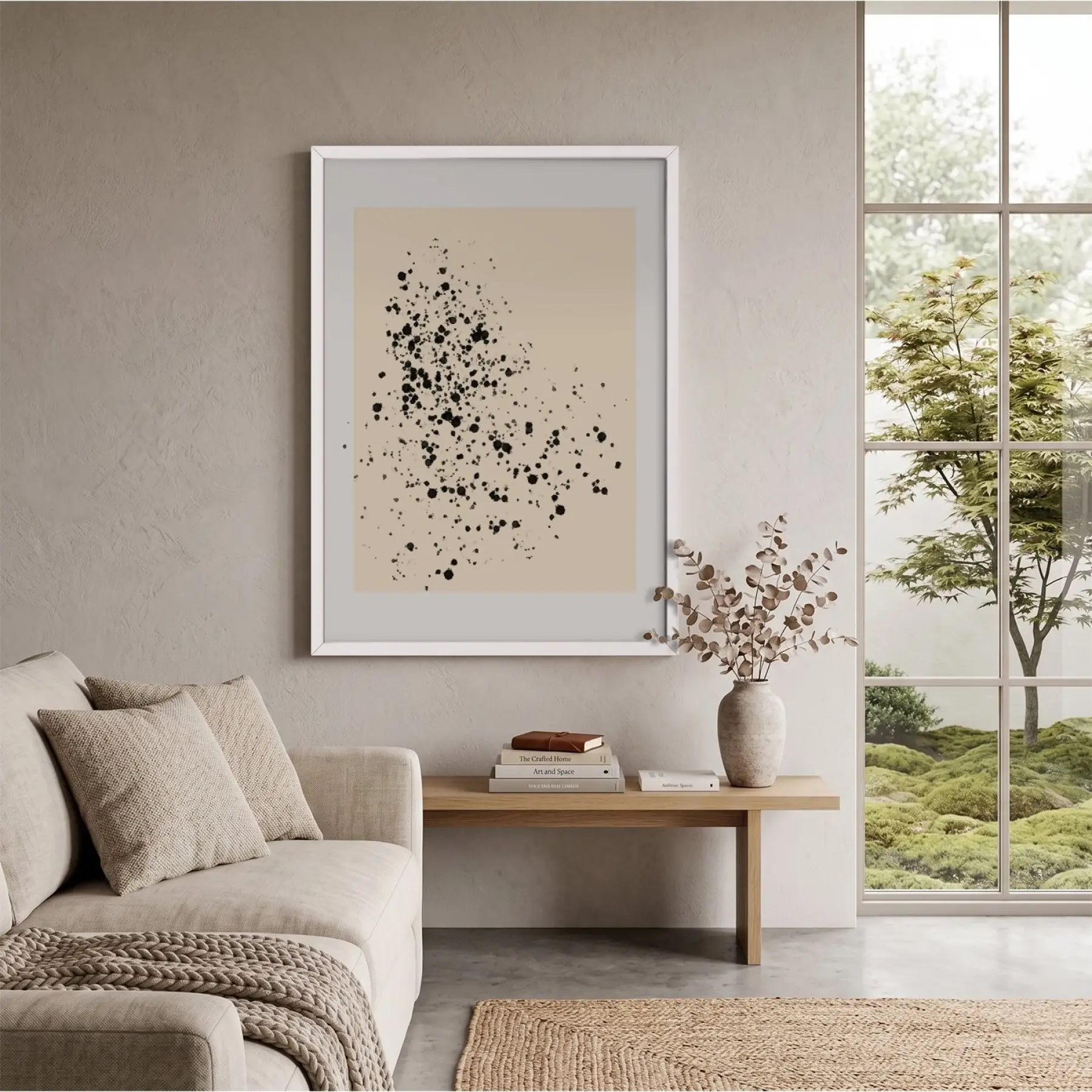 Bej Zeminde Siyah Lekeler Beyaz Ahşap Çerçeveli Tablo Ev Aksesuarları Modern Sanat İç