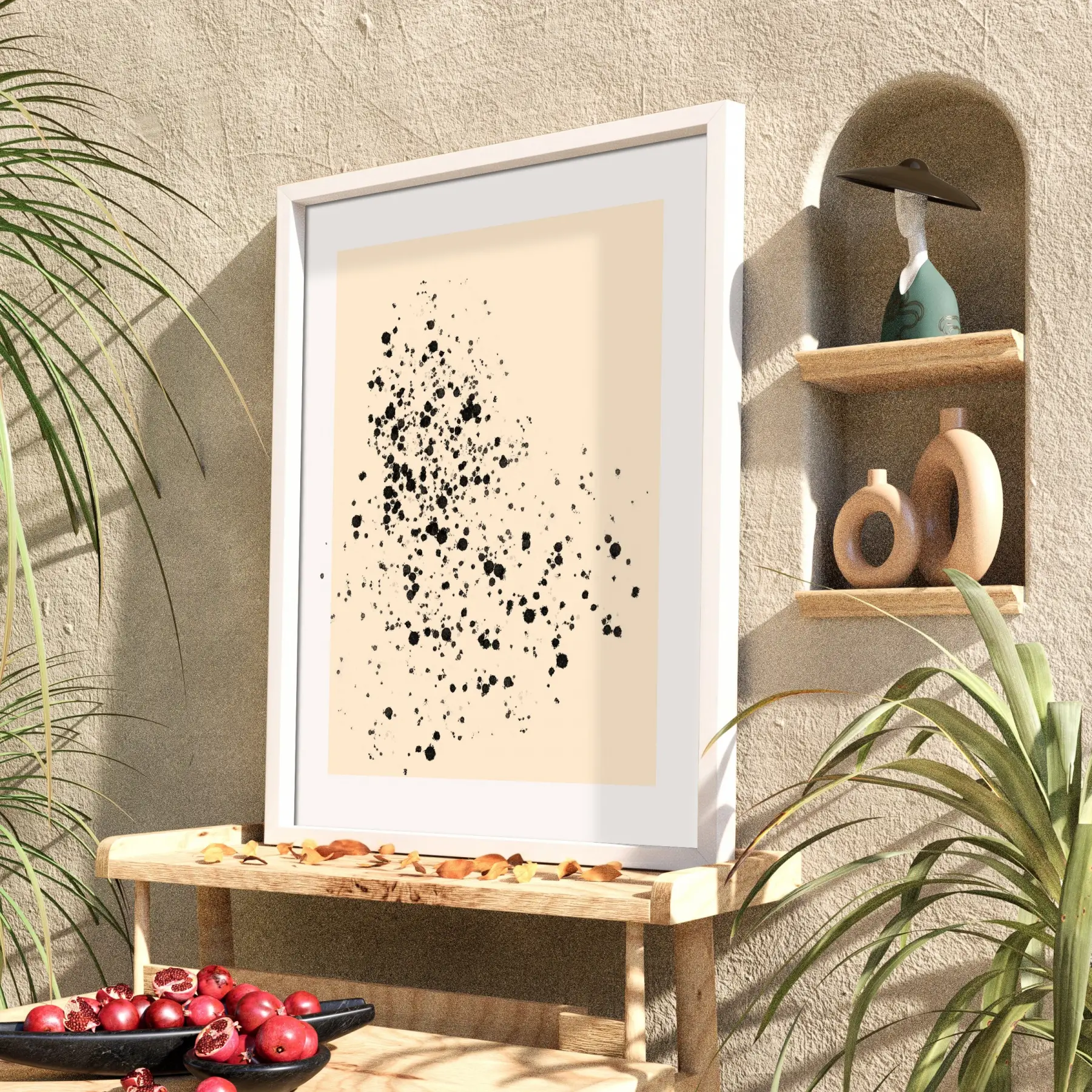Bej Zeminde Siyah Lekeler Beyaz Ahşap Çerçeveli Tablo Ev Aksesuarları Modern Sanat İç