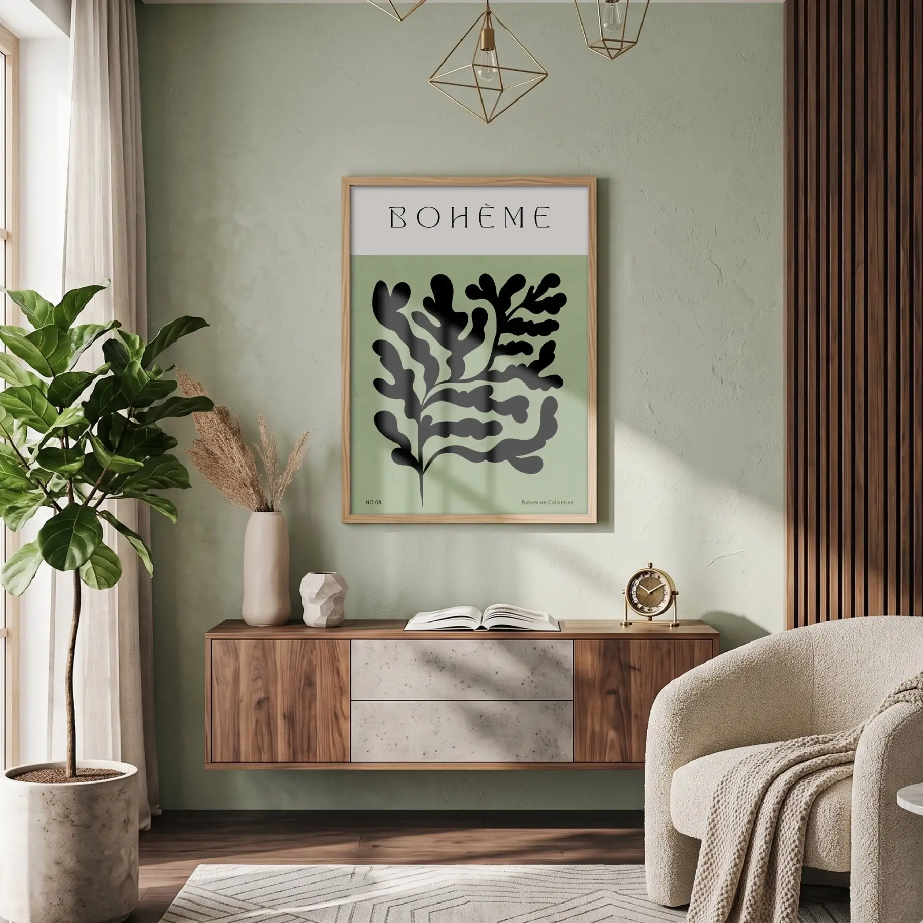 Bohem Soyut Yaprak Doğal Ahşap Çerçeveli Tablo Duvar Dekoru Poster Obje Ev Aksesuarları