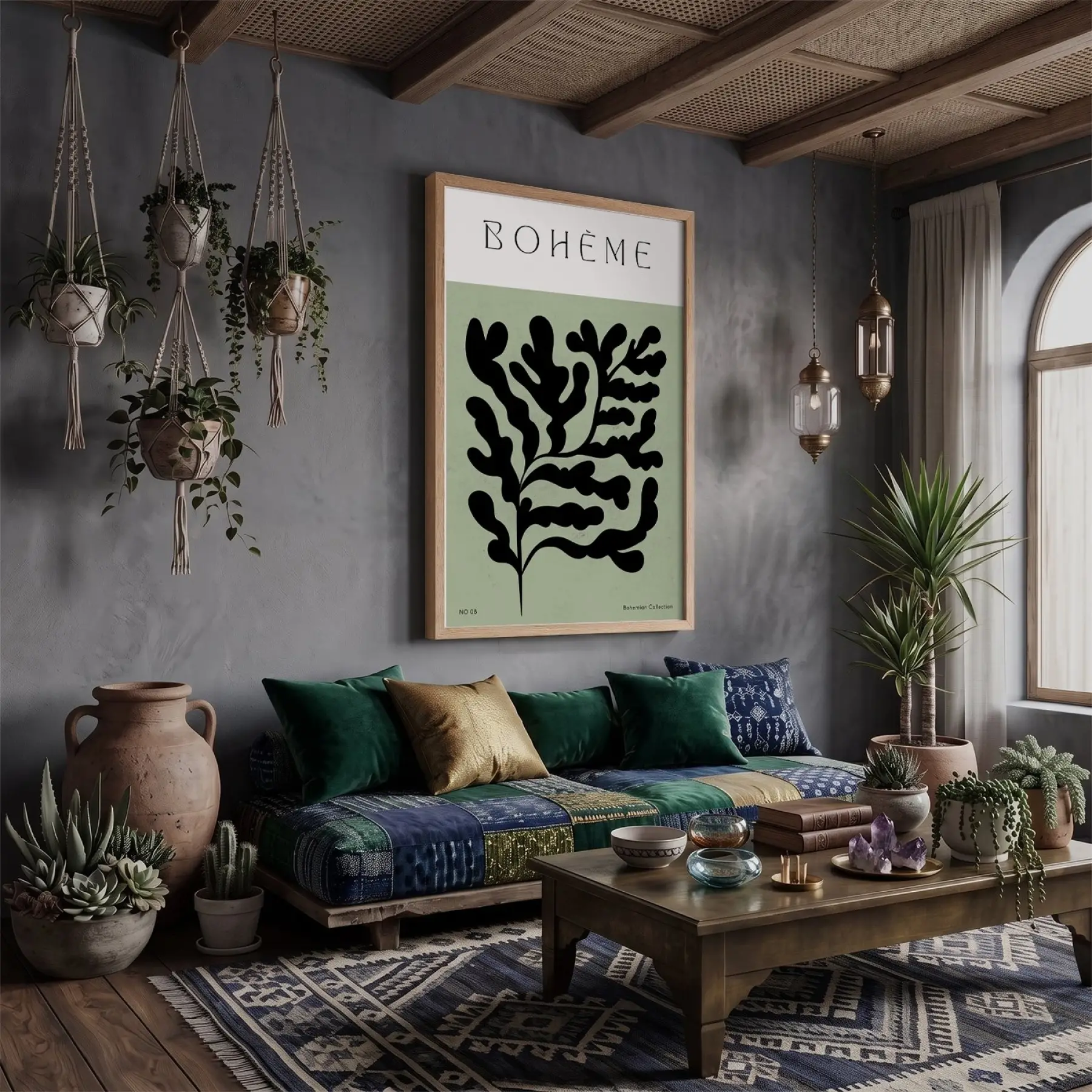 Bohem Soyut Yaprak Doğal Ahşap Çerçeveli Tablo Duvar Dekoru Poster Obje Ev Aksesuarları