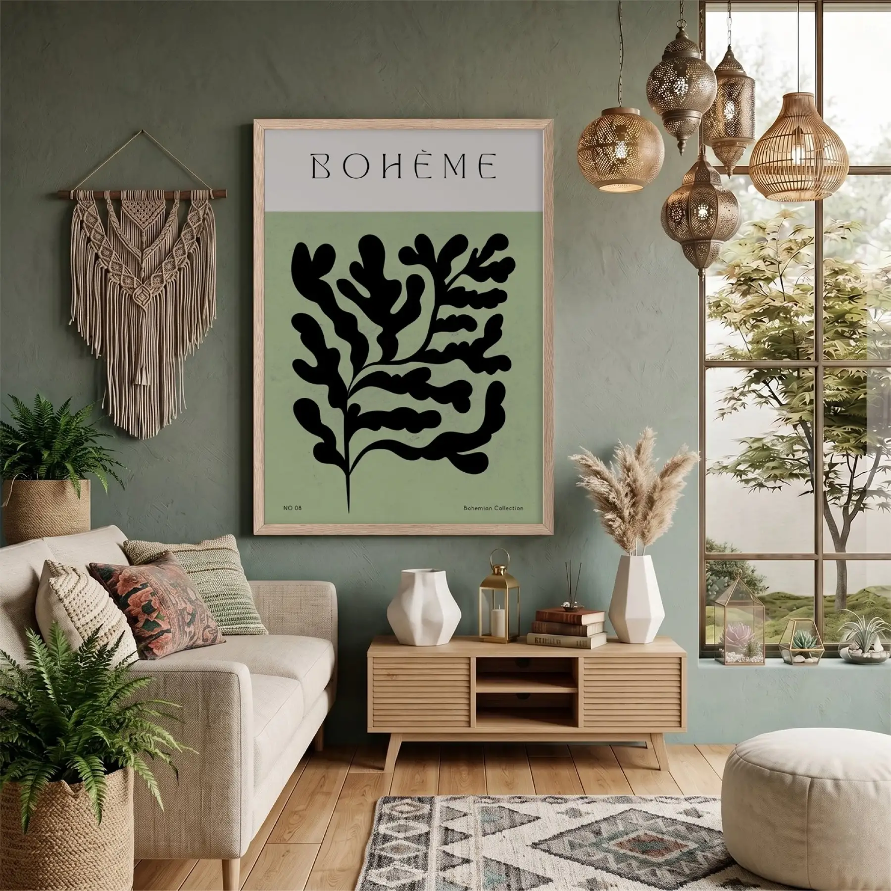 Bohem Soyut Yaprak Doğal Ahşap Çerçeveli Tablo Duvar Dekoru Poster Obje Ev Aksesuarları