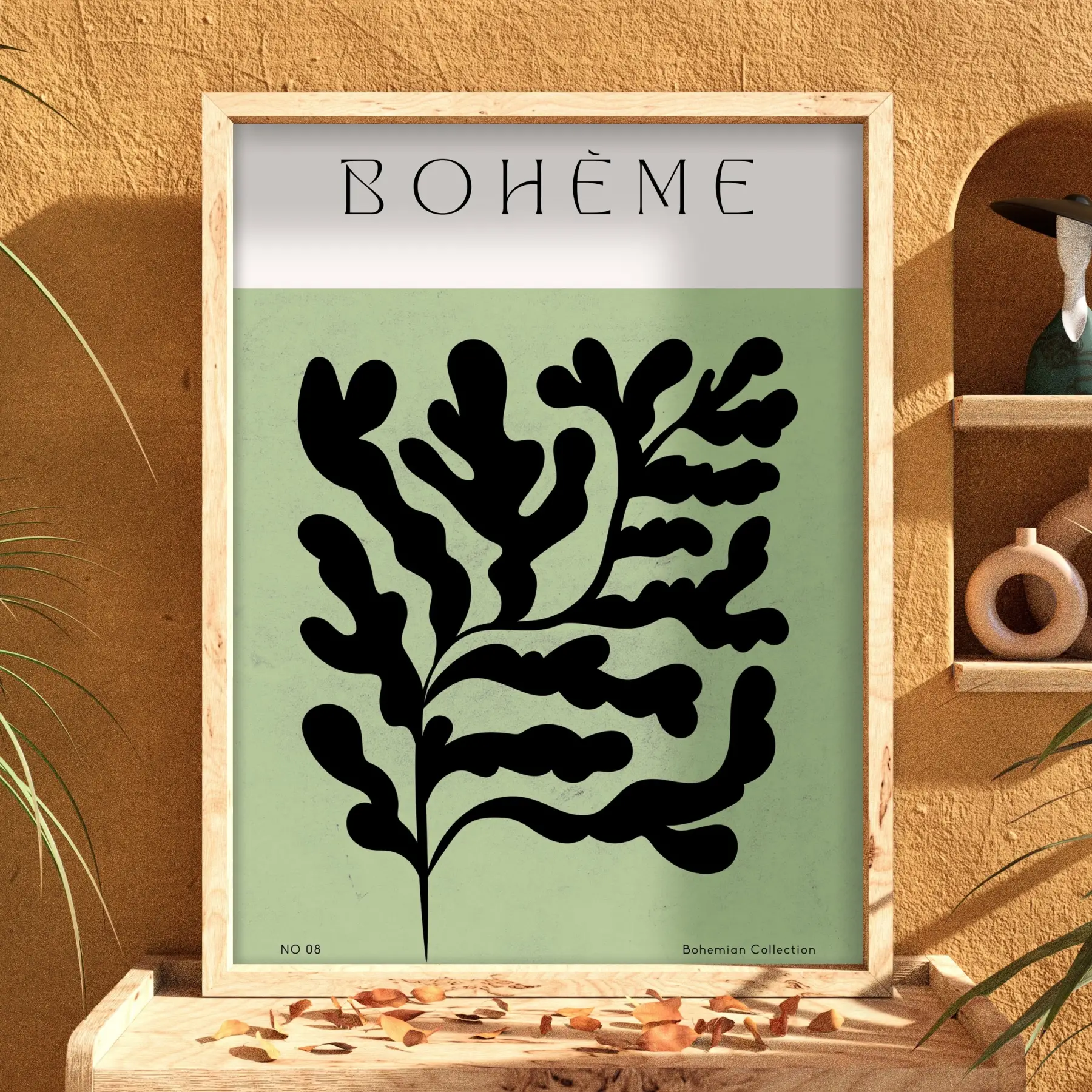 Bohem Soyut Yaprak Doğal Ahşap Çerçeveli Tablo Duvar Dekoru Poster Obje Ev Aksesuarları