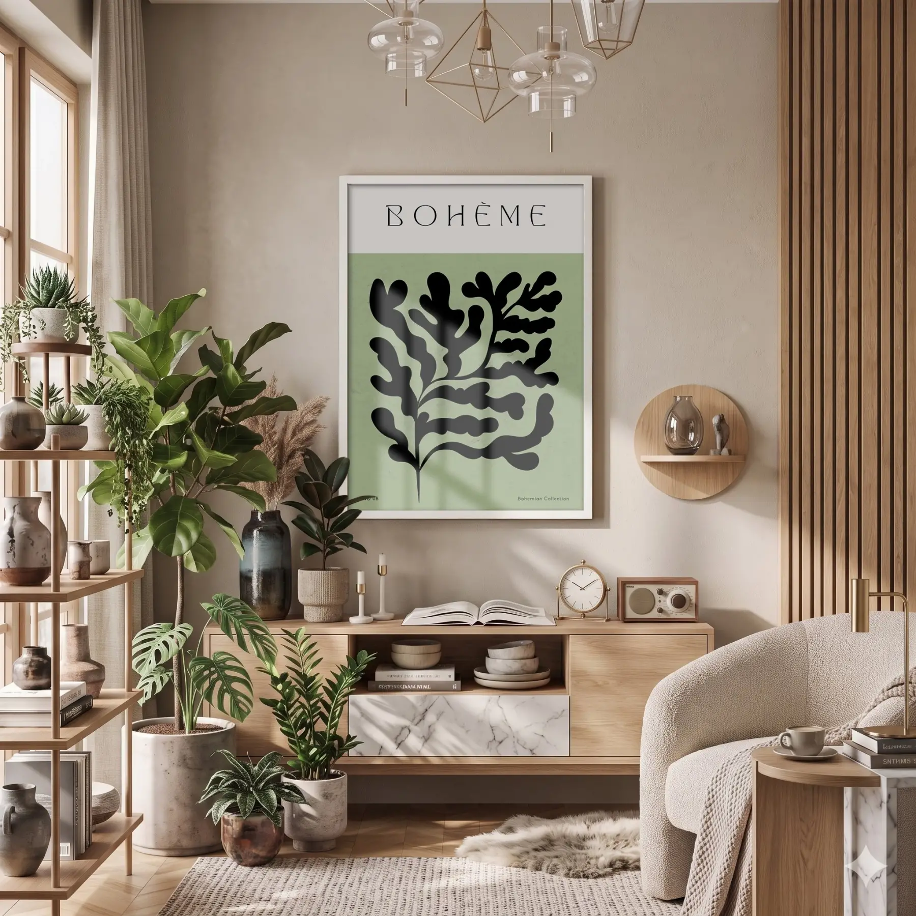 Bohem Soyut Yaprak Beyaz Ahşap Çerçeveli Tablo Poster Dekoratif Obje Ev Aksesuarları Modern