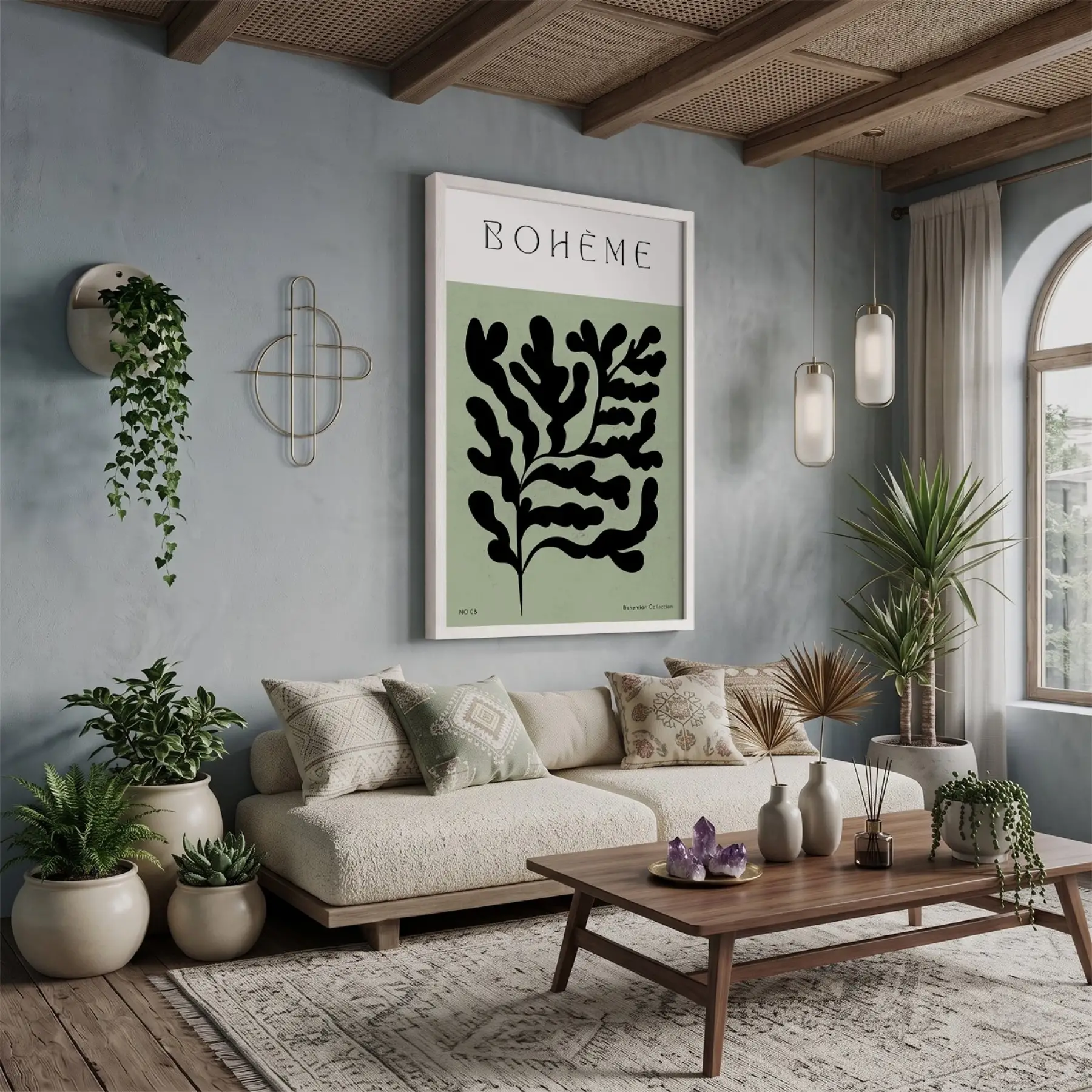 Bohem Soyut Yaprak Beyaz Ahşap Çerçeveli Tablo Poster Dekoratif Obje Ev Aksesuarları Modern