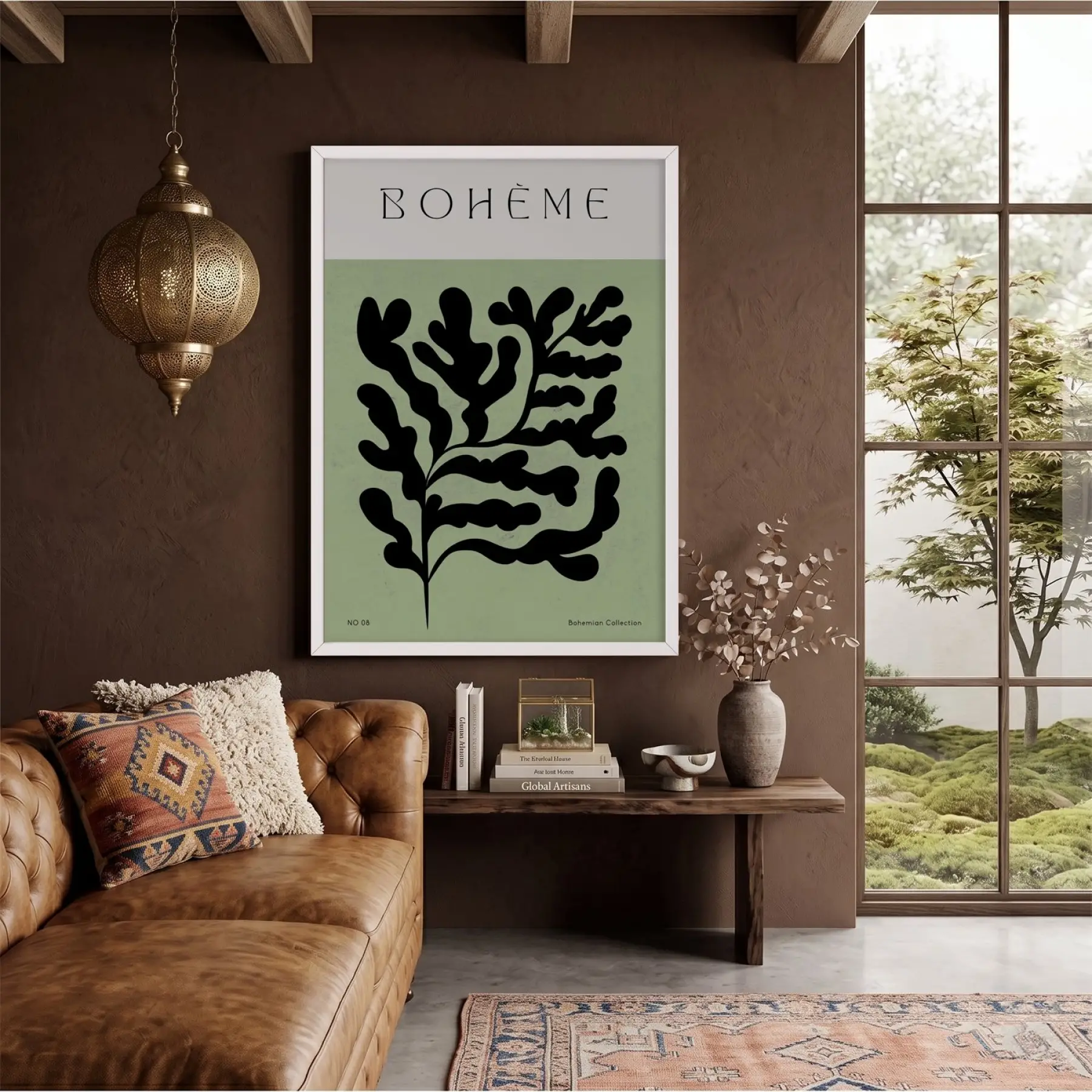 Bohem Soyut Yaprak Beyaz Ahşap Çerçeveli Tablo Poster Dekoratif Obje Ev Aksesuarları Modern