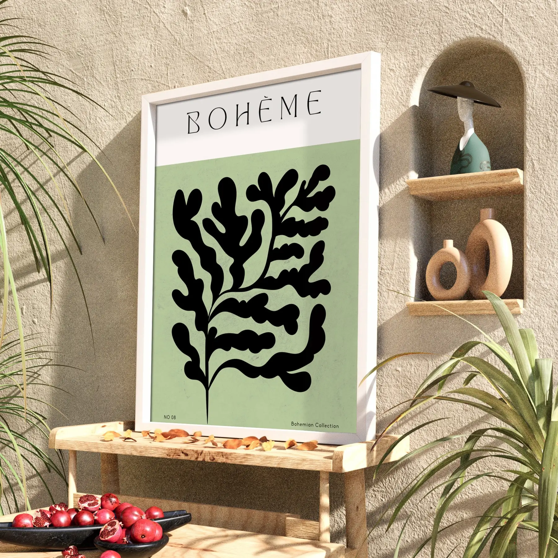 Bohem Soyut Yaprak Beyaz Ahşap Çerçeveli Tablo Poster Dekoratif Obje Ev Aksesuarları Modern